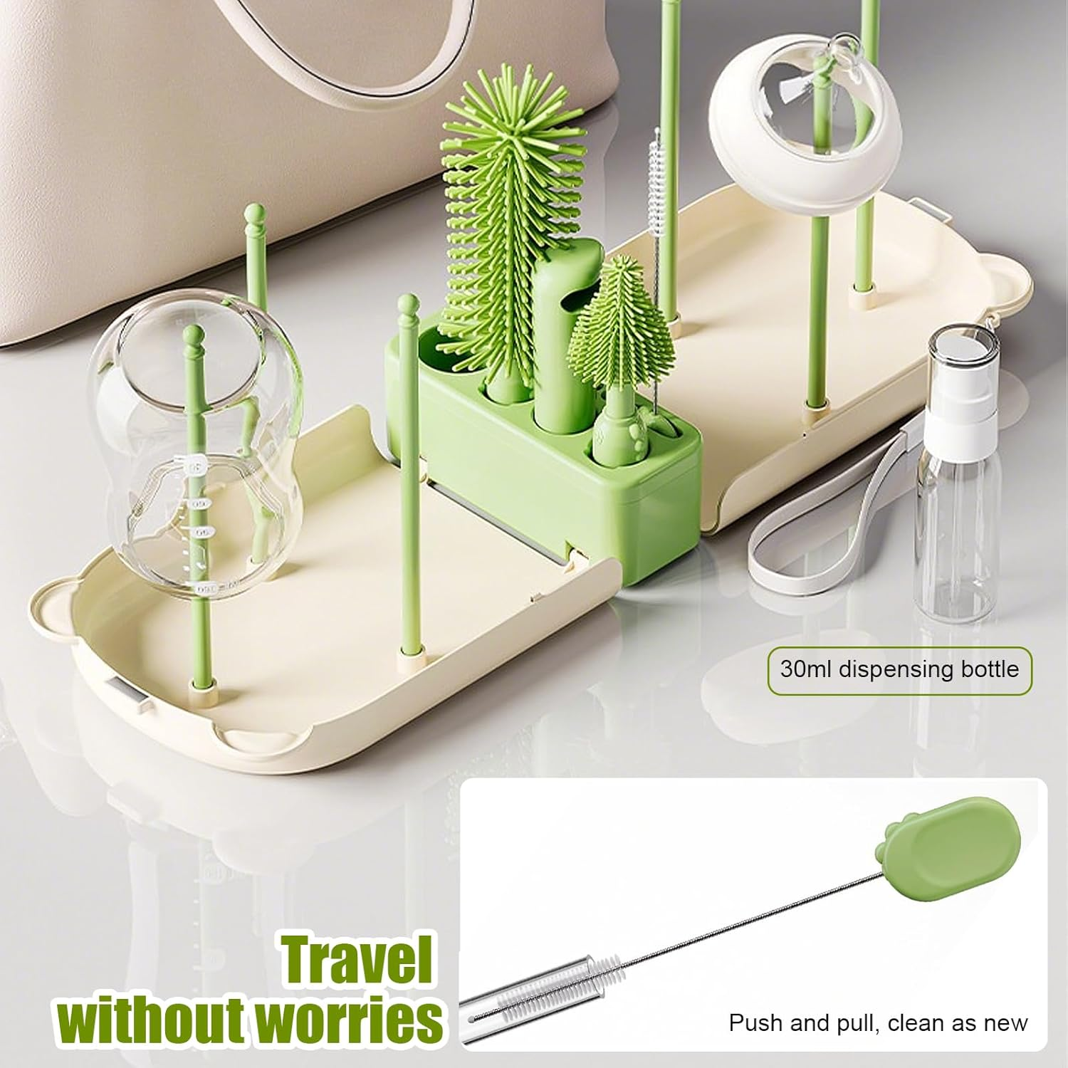 6-In-1 Portable Baby Bottle Brush Set with Case, Bottle Cleaner Kit with Drying Rack, Bottle Brush, Nipple Brush, Straw Brush, Soap Dispenser, Aby Travel Essentials for Mums & Dads (Green)