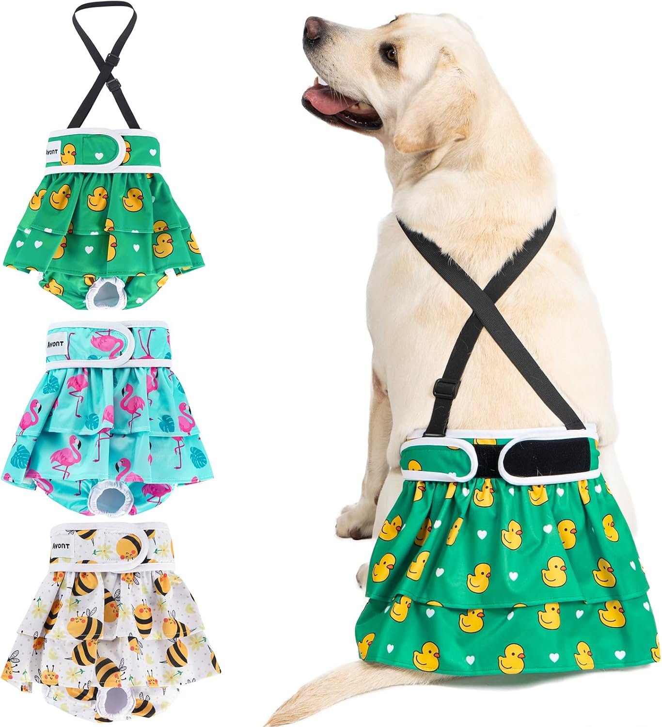 Avont 3 Pack Washable Female Dog Diaper with 1 Suspender, Reusable Girl Doggie Underwear Pants for Heat Cycle Period Incontinence Detachable Strap -Animal Pattern XS image number 3
