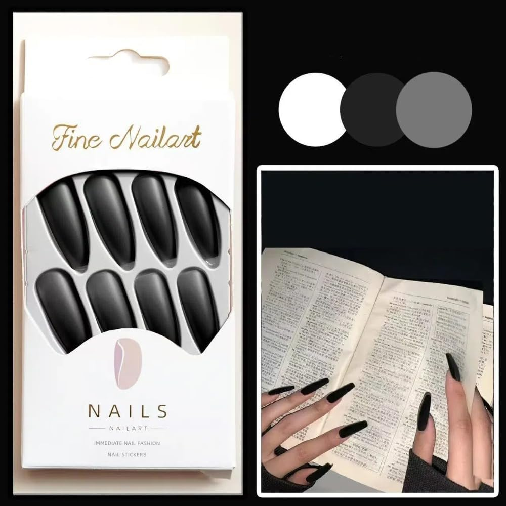 Ztcily False Nails Black Matte False Nails French Long Black Ballerina Women Girls Accessories or Gift Idea for Christmas New Year Valentine'S Day Wedding image number 5