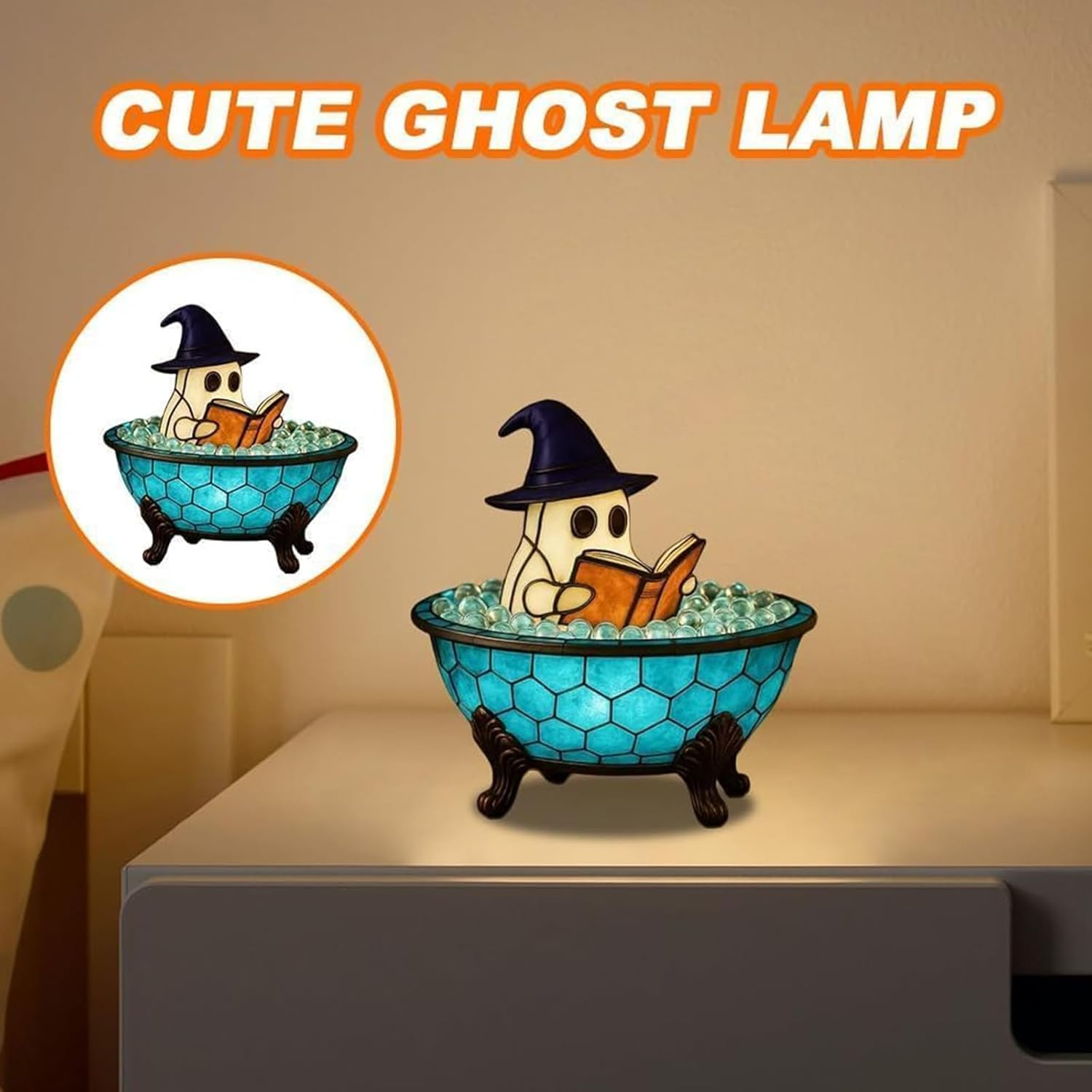 Ghost Reading Book Lamp, Handmade Ghost Bubble Bath Lamp, Halloween Night Light, Ghosts Campfire Nightlight, Ghosts-Themed Bathtub Accent Lamps for Halloween Party (A) image number 5