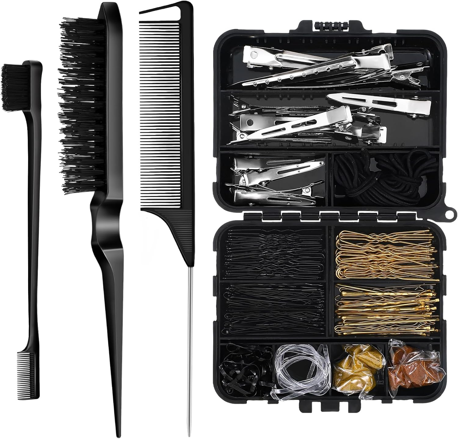 Teenyyou 160 Pcs Hair Bobby Pins Kit Dance Stuff Cosmetology Kit with Slick Back Hair Brush Set and Storage Box Hair Accessories Kit with Edge Bristle Brush Rat Tail Comb Dance Cheerleading(Black) image number 2