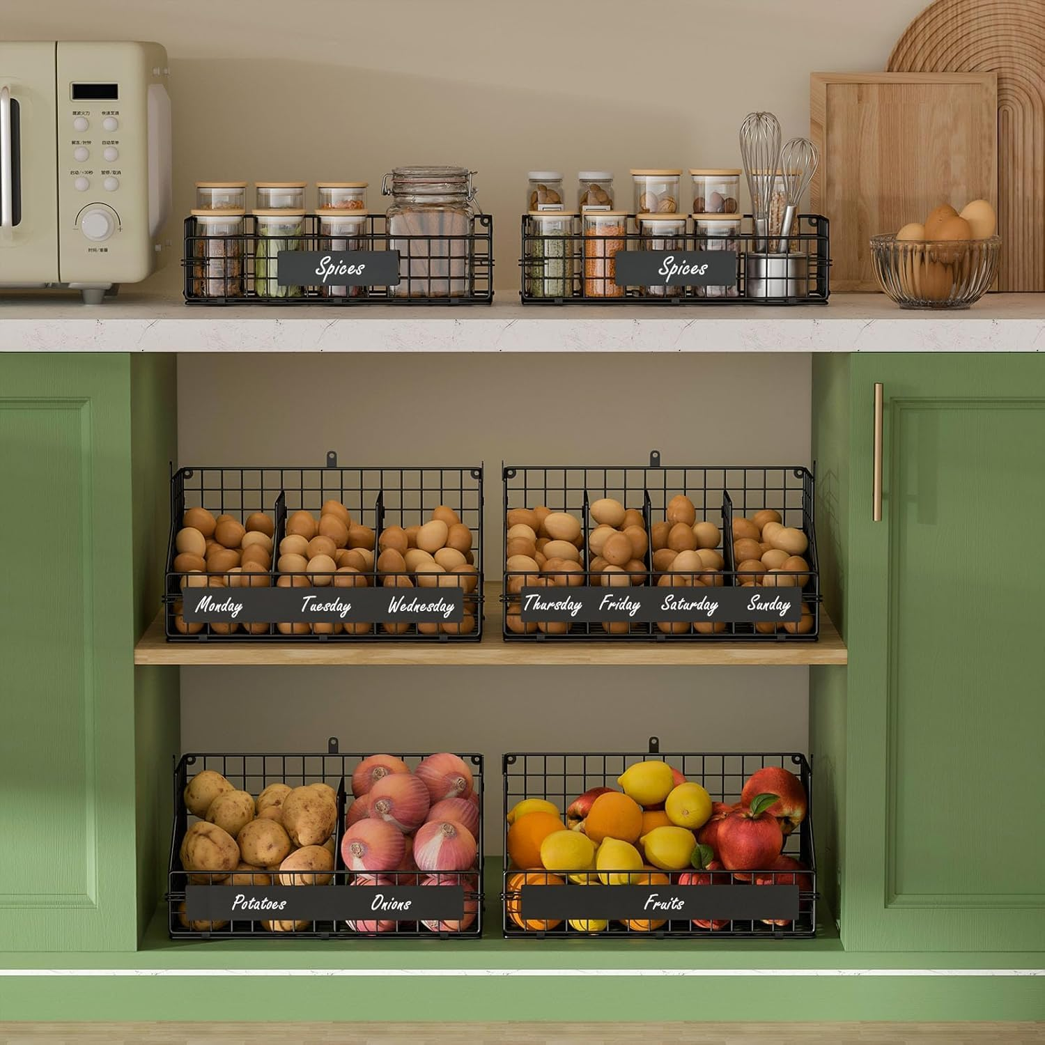 3-Tier Stackable Wire Egg Storage Basket, XXL Countertop Egg Holder with 5 Dividers, Wall-Mountable image number 3