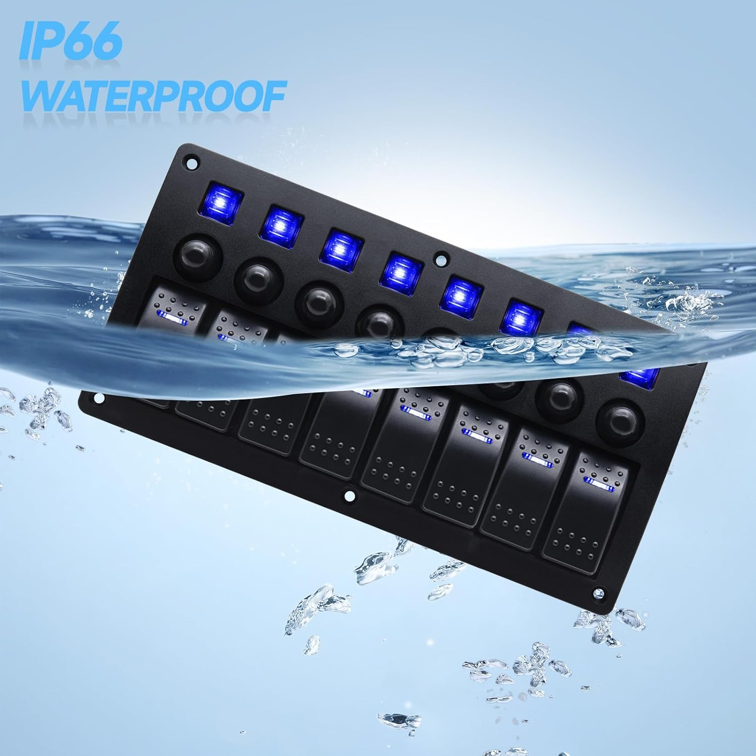Waterproof Marine Boat Rocker Switch Panel 8Gang Blue Led Toggle Switch On-Off 3 Pin Circuit Breaker for RV Vehicle Truck Trailer Yacht ATV (8 Gang Blue)