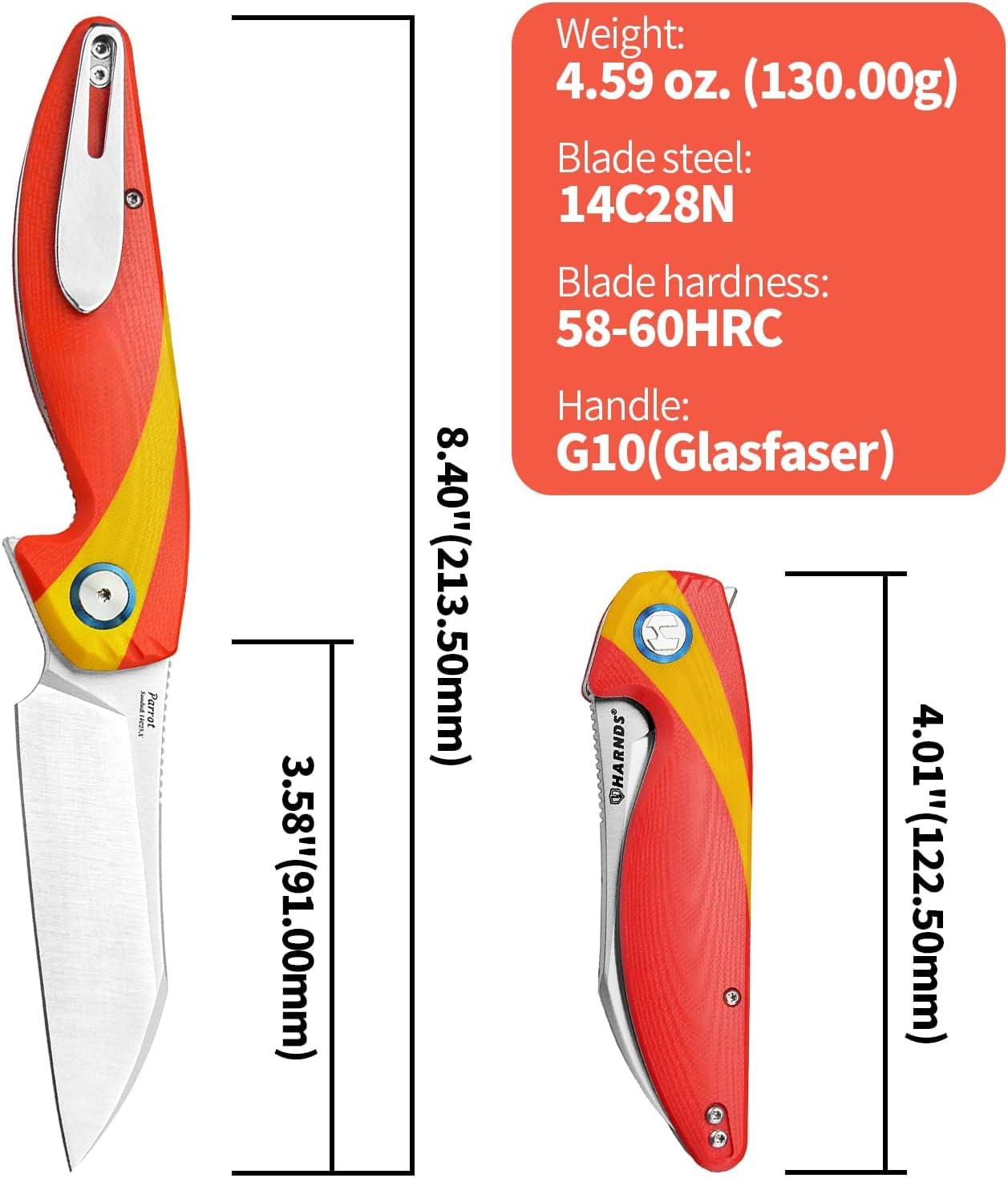 Harnds Parrot Premium Folding Knife with Sandvik 14C28N Blade 3.58" and G10 Handle with Clip, for EDC Outdoor Camping Hunting (Red & Yellow)