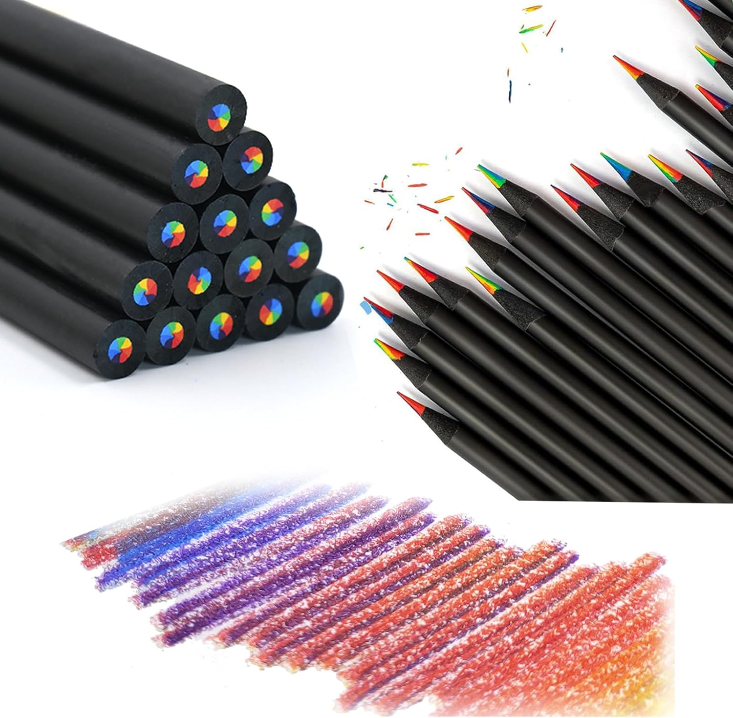 15 PCS Rainbow Colored Pencils, 7-In-1 Coloring Pencil with Sharpener, Black Wooden Multicoloured Colour Pencils, Colorful Pencils for Drawing Coloring Sketching, Cool Fun Art Supplies image number 6