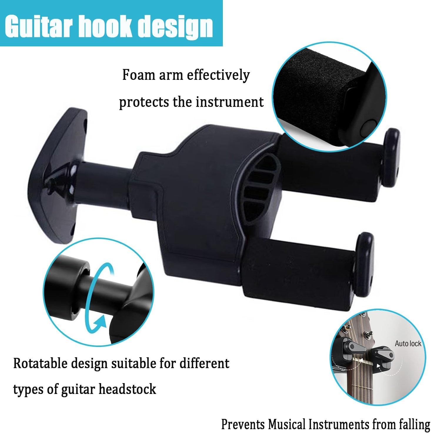 Wall Mount Hanger, Auto Lock Guitar Holder, Metal Base Adjustable Gravity Lock Stand for Acoustic Electric Classical Bass Ukulele Banjo Mandolin image number 4