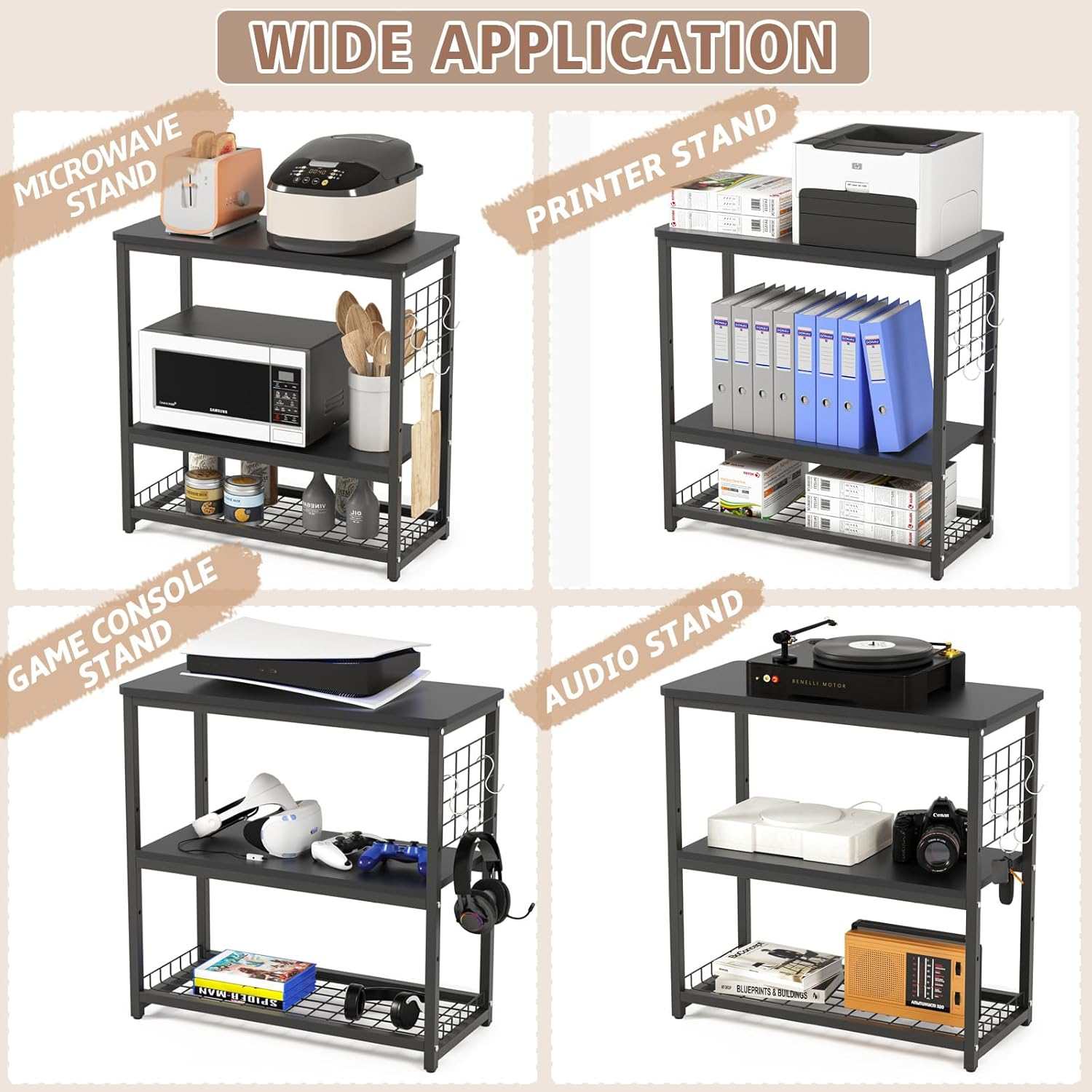 Aquarium Stand, 20 Gallon Fish Tank Stand with 3-Tier Storage Shelves & Hook, Heavy Duty Terrarium Stand Rack for Home Office, Lbs Load Capacity 25.6" L X 11.8" W X 25.6" H, Black - White image number 6