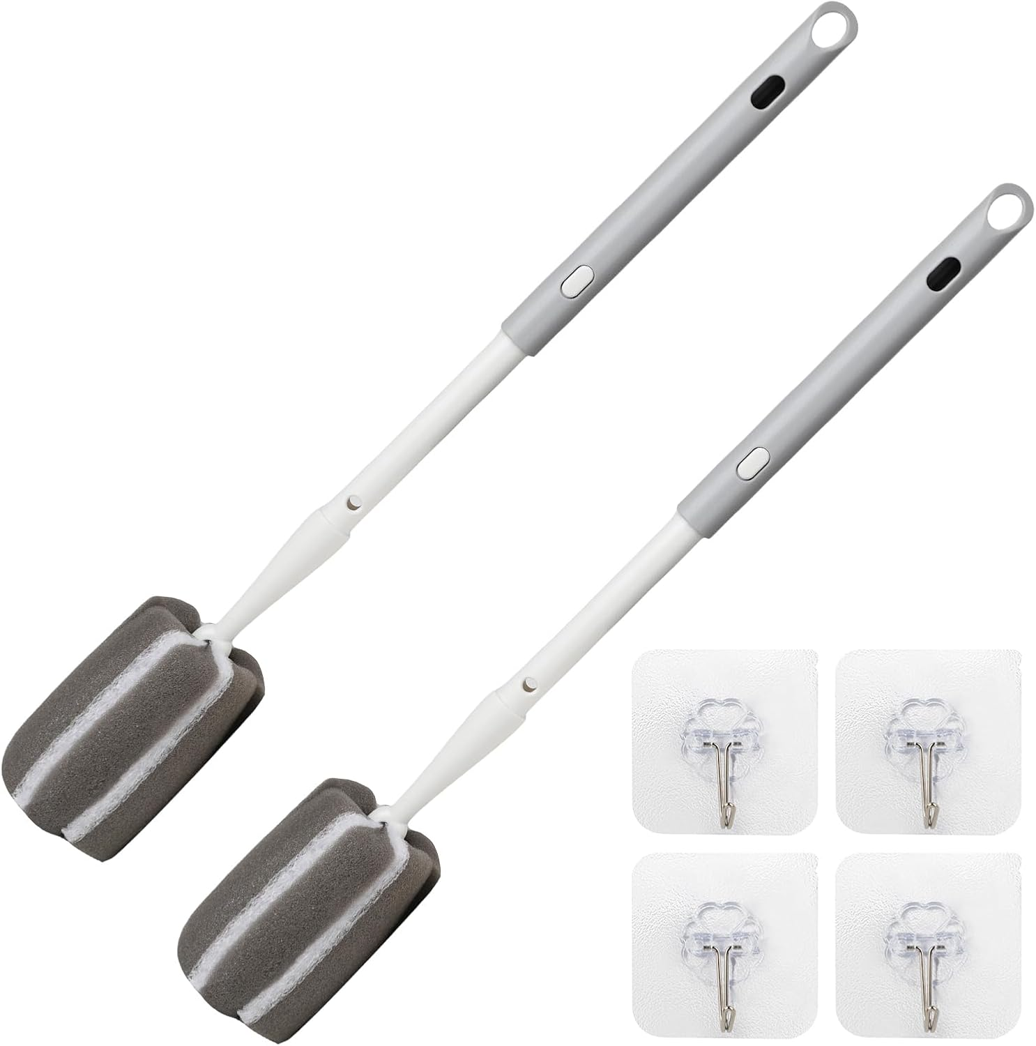 Sponge Bottle Brush Adjustable Long Handle up to 14.5&rdquo;High-Density Foam Bottle Brush & Scrubber Head Hanging Design with 4 Traceless Hooks and &ndash; Bottle Cleaner for Glasses & More (2 Pack) image number 3