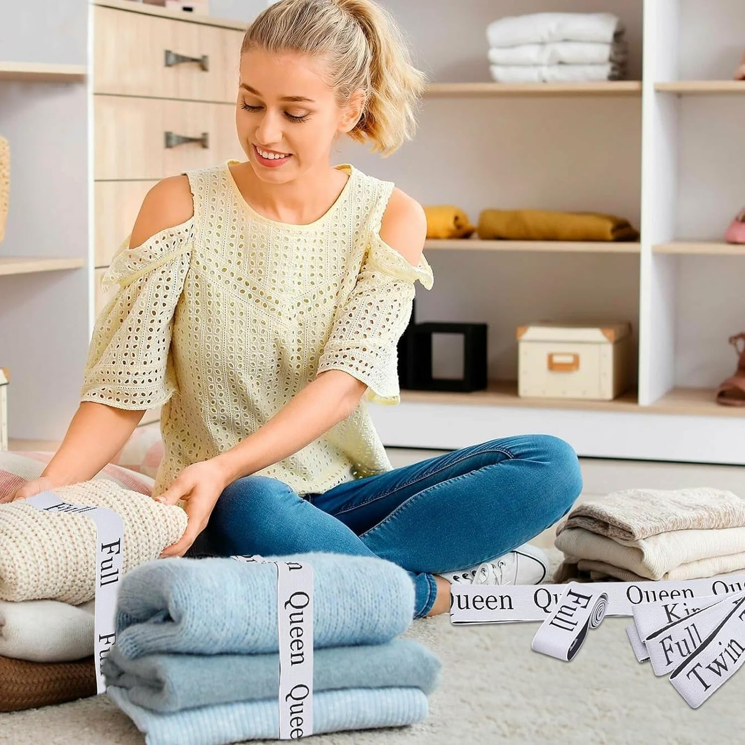 Bed Sheet Organizer Bands, 12Pcs Bed Sheet Organizer Elastic Bands, Closet Organization Sheet Straps,Linen Labels Bedding Bands,Elastic Bedding Sheet Straps,Bed Sheet Organizer Bands Bedsheets Bands image number 3