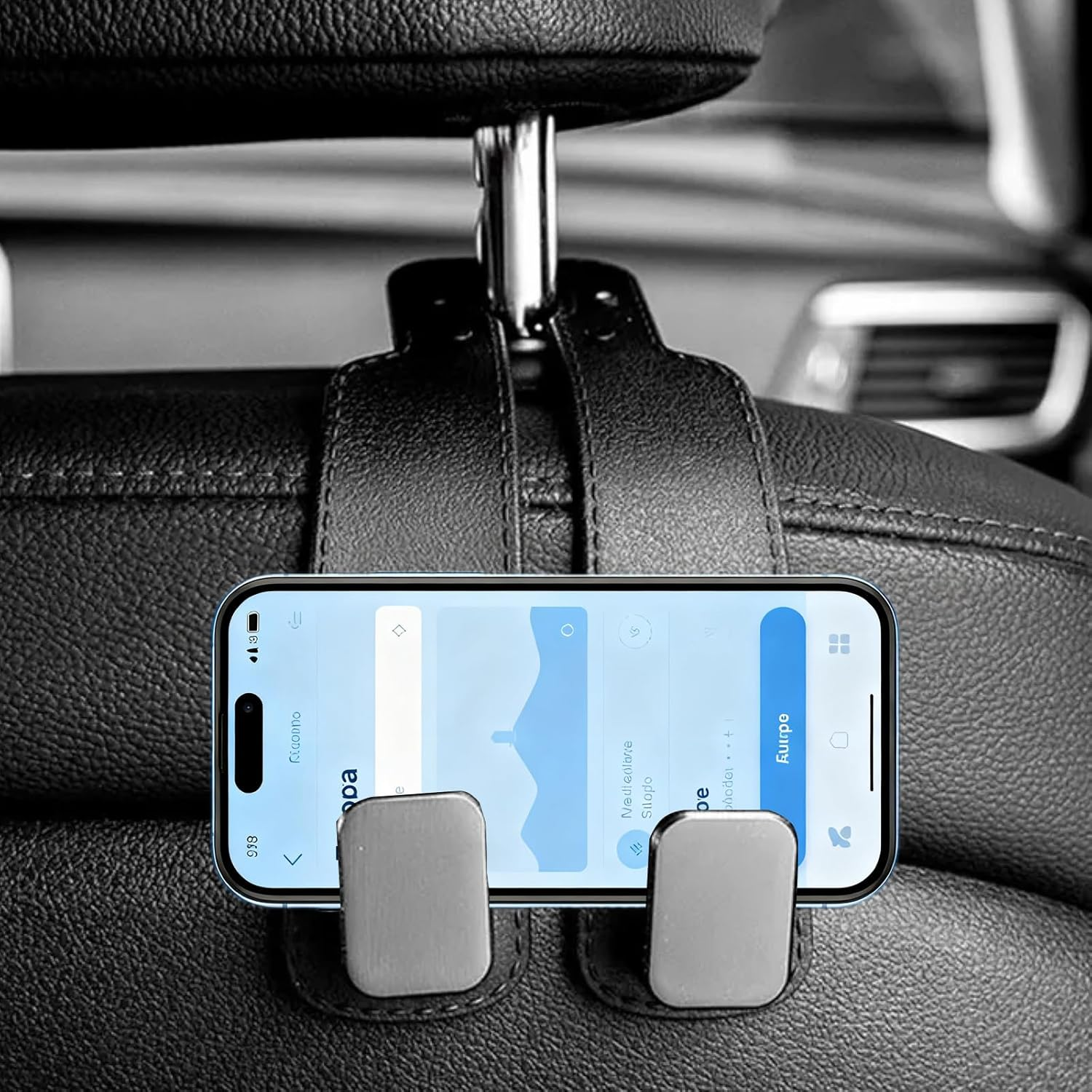 4Pcs Car Seat Backrest Double Hooks, Car Seat Head Hook Holder, Leather Purse Hanger Holder for Bags Durable Metal Interlayer Design for Organizing Items (Black) image number 2