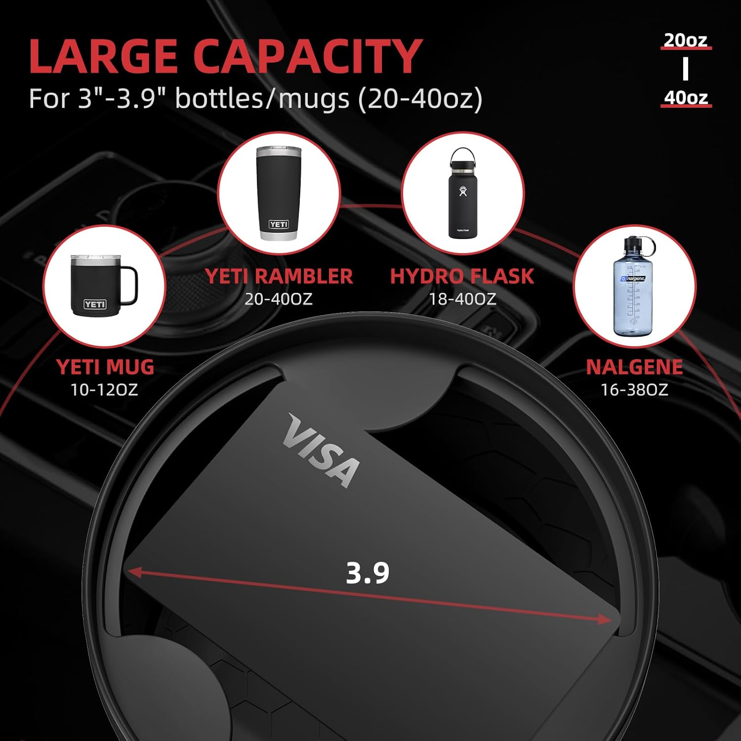 Cup Holder Expander, Car Cup Holder Extender Adapter with Expandable Base, Fits Large Water Bottles 500-1400 ML (7-10.5 CM) image number 1