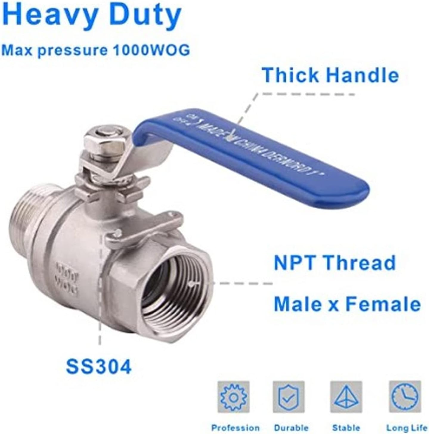 Diyeeni Full Port Ball Valve, 3/8In NPT Female & Male Ball Valve, Stainless Steel 304 Heavy Duty for Water Oil and Gas, 1000WOG with Lock Device image number 2