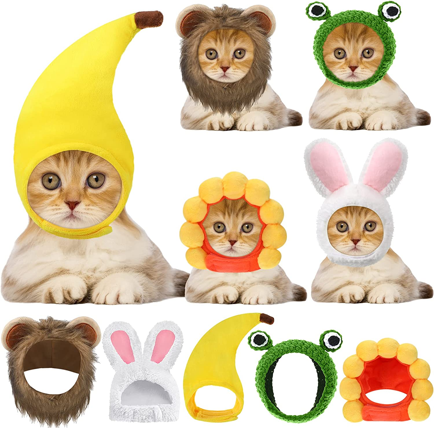 5 Pcs Cat Hat Adorable Costume Bunny Hat with Ears Funny Mane Cat Hat for Cats and Small Dogs Kitten Puppy Party Costume Accessory Headwear (Panda, Rabbit, Pineapple, Strawberry, Flower)