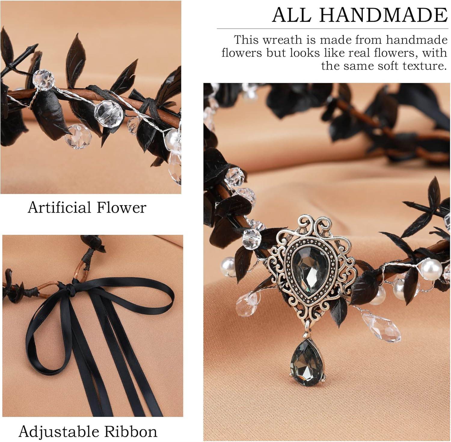 MOSTORY Eucalyptus Flower Headband Baby Breath Headpiece Black Crown for Girls Women Black Eucalyptus with Beading Crystal Hair Wreath Boho Garland Elf Cosplay Renaissance Bridal Maternity Costumes image number 2