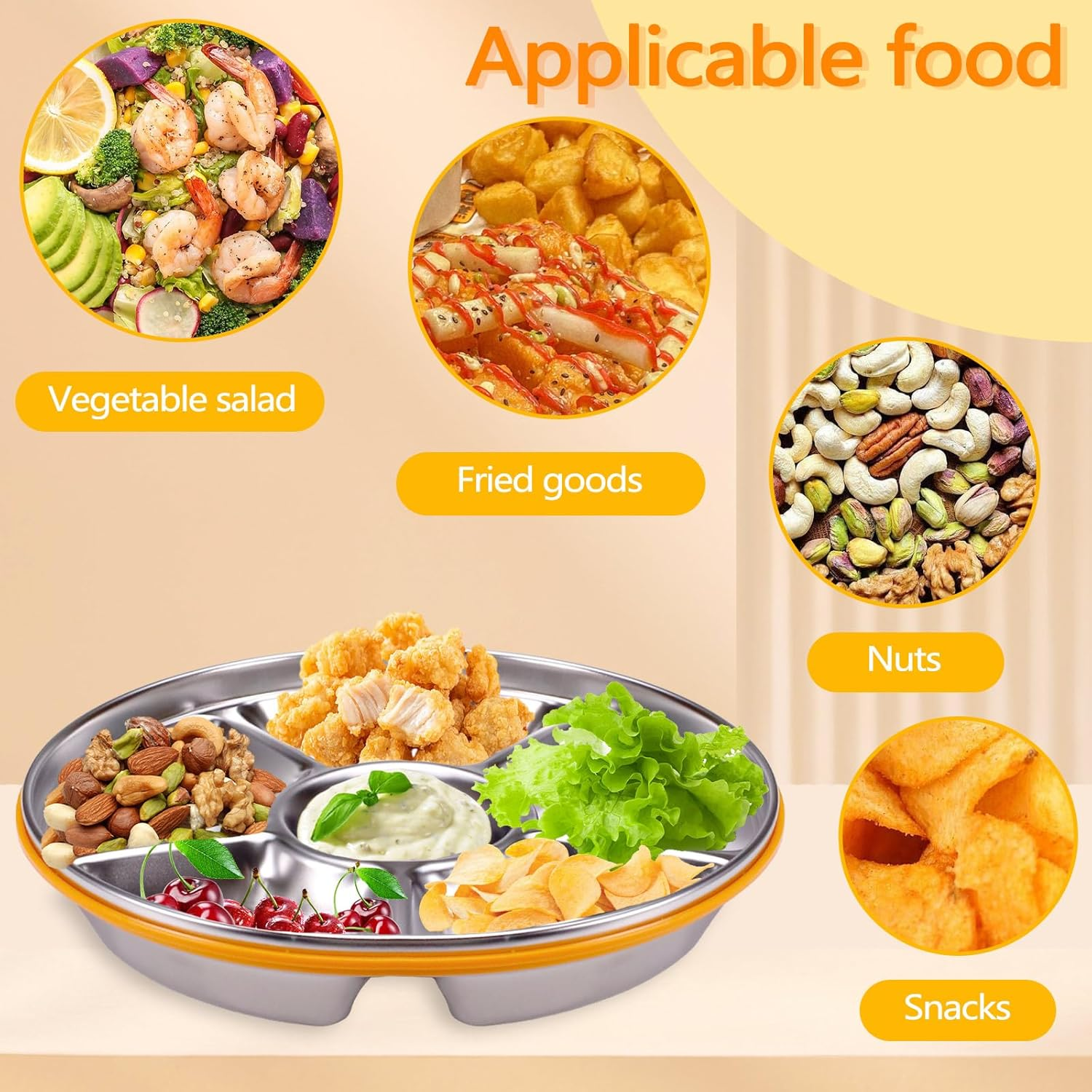 ASTIMESA Divided Serving Tray with Lid 6 Compartments, 10.4 Inch round Veggie Tray, Reusable Stainless Steel Snack Box Container Fruit Platter Tray for Parties Fridge Food Storage Picnic (1 Pcs) image number 2