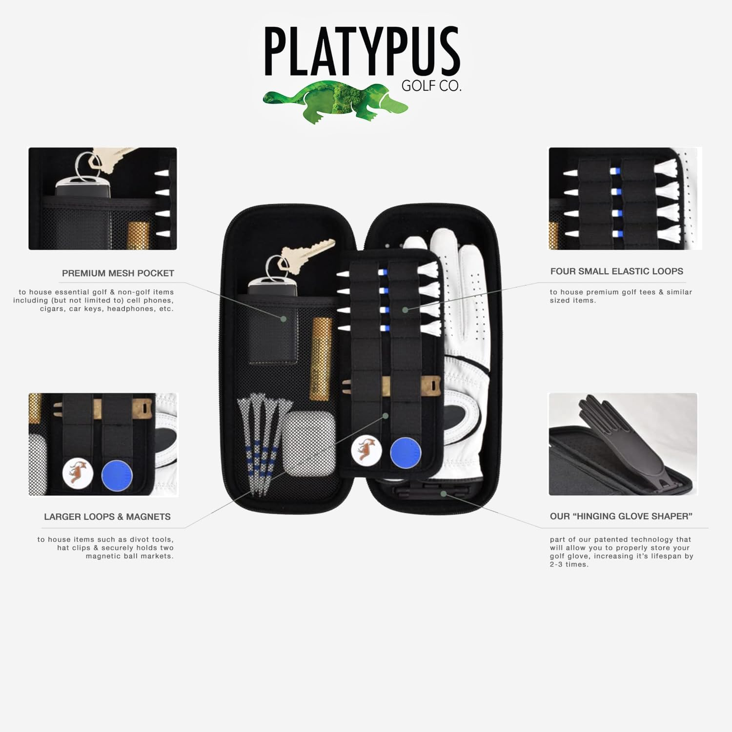 Platypus Golf Co. Caddie Case - Golf Glove Holder with Hinging Stiff Shaper - Hard Case Protector & Organizer with Storage Slots for Phone, Tees, Divot Tools, Ball Markers - for Both Men and Women Golfers image number 1