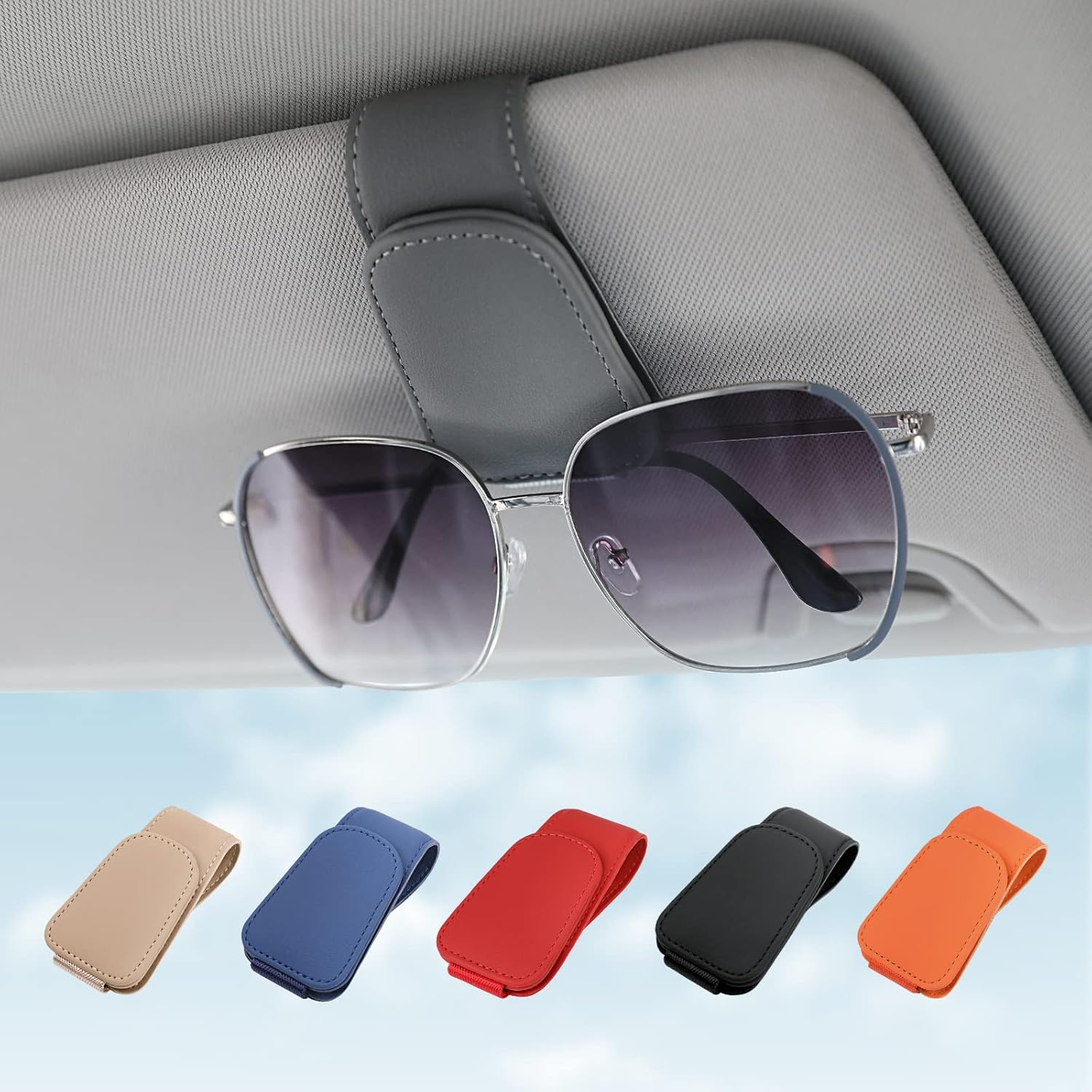 Kansmart Sunglass Holder for Car Visor Sunglasses Clip Magnetic Leather Glasses Eyeglass Holder Auto Interior Accessories Universal for SUV Pickup Truck -Gray - Beige, 1 image number 6