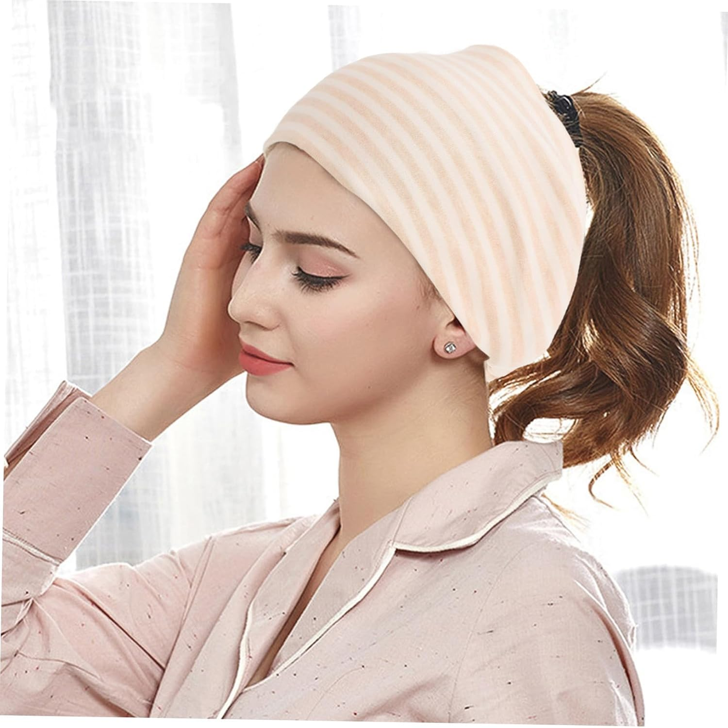 Baluue 2 Pcs Warm Windproof Maternity Hat and Scarf Simple Postpartum Protective Sleeping Cap for Women Soft Comfortable Headwear for Confinement Care Striped Design image number 5