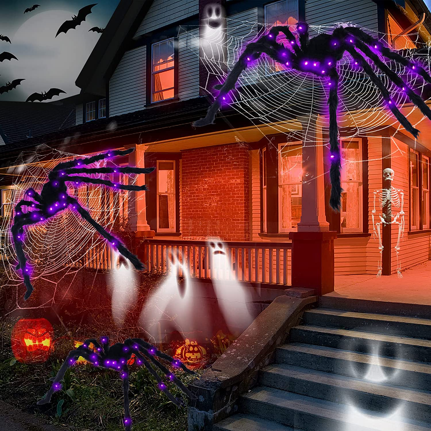 VOMAOK Halloween Spider Decorations 4Ft Light up Giant Spider(2 Pack) for Indoor Outdoor Halloween Decorations Yard Party House D&eacute;cor