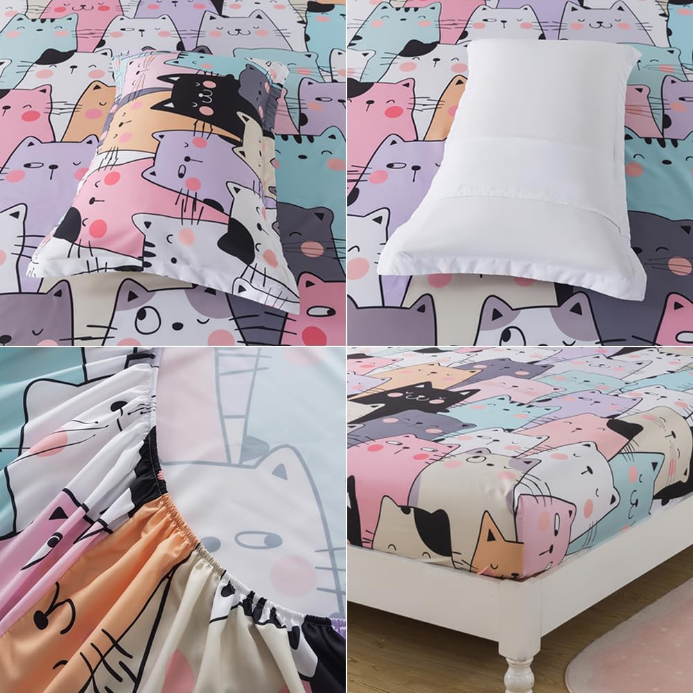 ADASMILE a & S Kids Bedding Cartoon Cat Sheet Set Queen Size for Girls Teens 4 Pieces Kawaii Cat Animal Bed Sets with Kitten Fitted Sheet 1 Flat Sheet 2 Pillowcases All Season Bedroom Decor image number 4