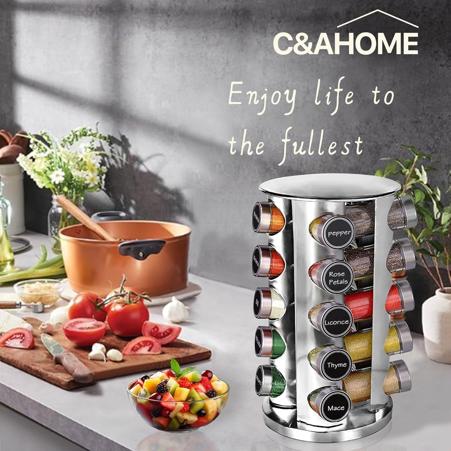 Uvwey Revolving Spice Rack with 20 Jars,Polished Stainless Steel with Black Caps, Stainless Steel Spice Carousel for Kitchen Countertop, Cabinet image number 5