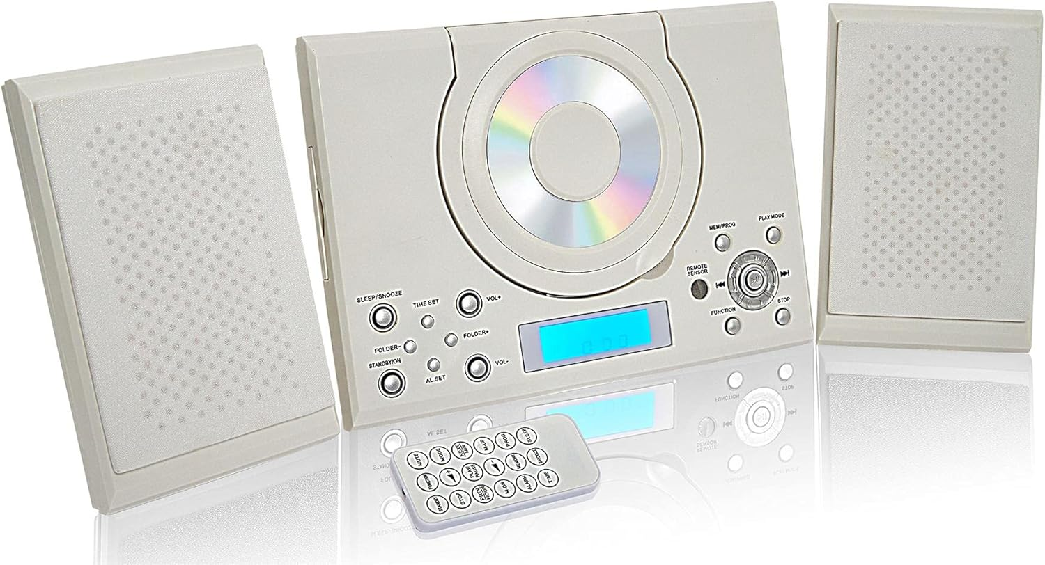 Grouptronics GTMC-101 MK2 CD Player Stereo Micro Compact Hifi with USB & MP3, AUX in for Phone/Tablet, FM Radio, Clock Alarm, Desktop Stand or Wall Mountable Remote Control White