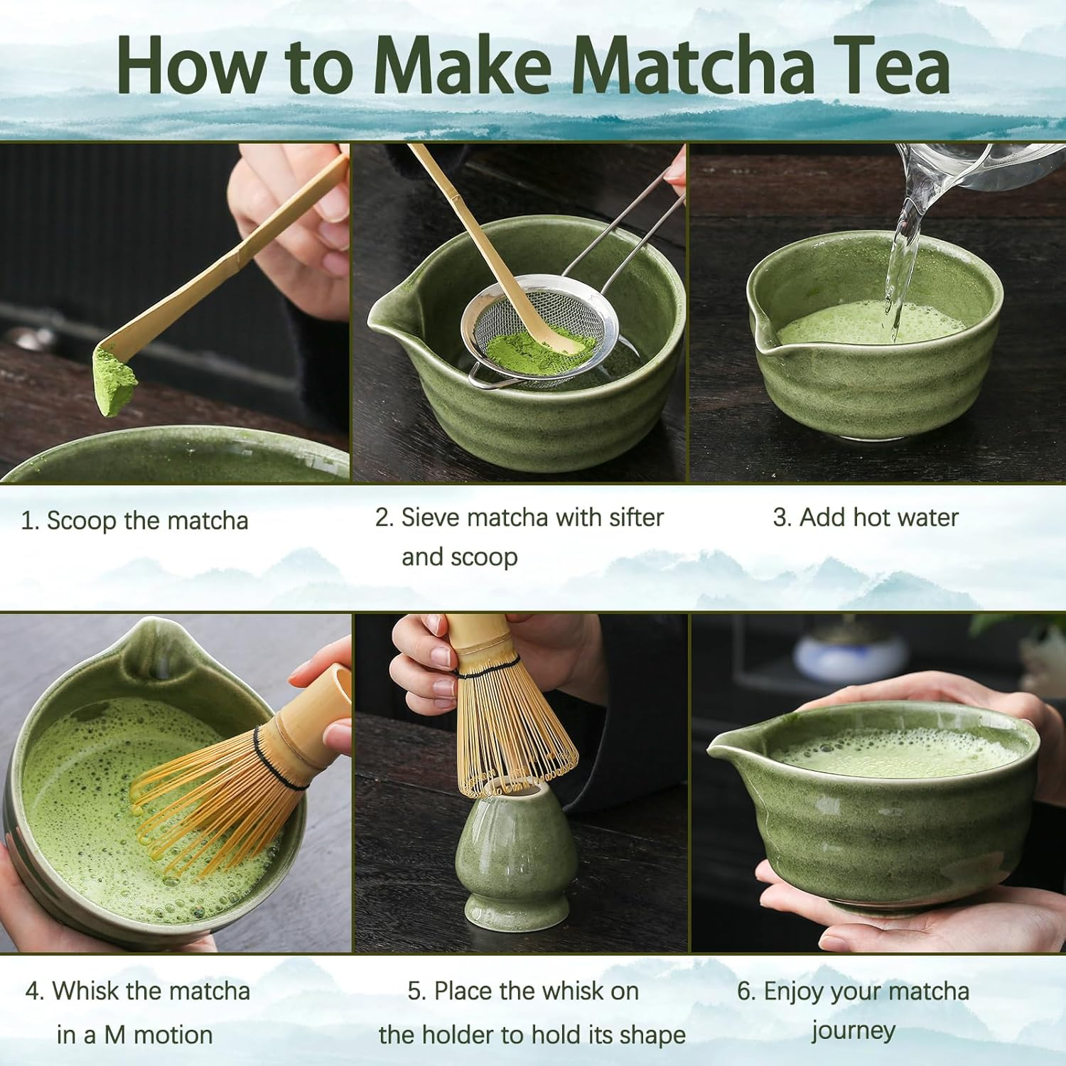 Matcha Set, Matcha Bowl with Spout, Matcha Whisk and Holder, Bamboo Matcha Scoop and Stainless Sifter - 5 Pcs Jade Green Matcha Set Kit for Matcha Lover image number 3