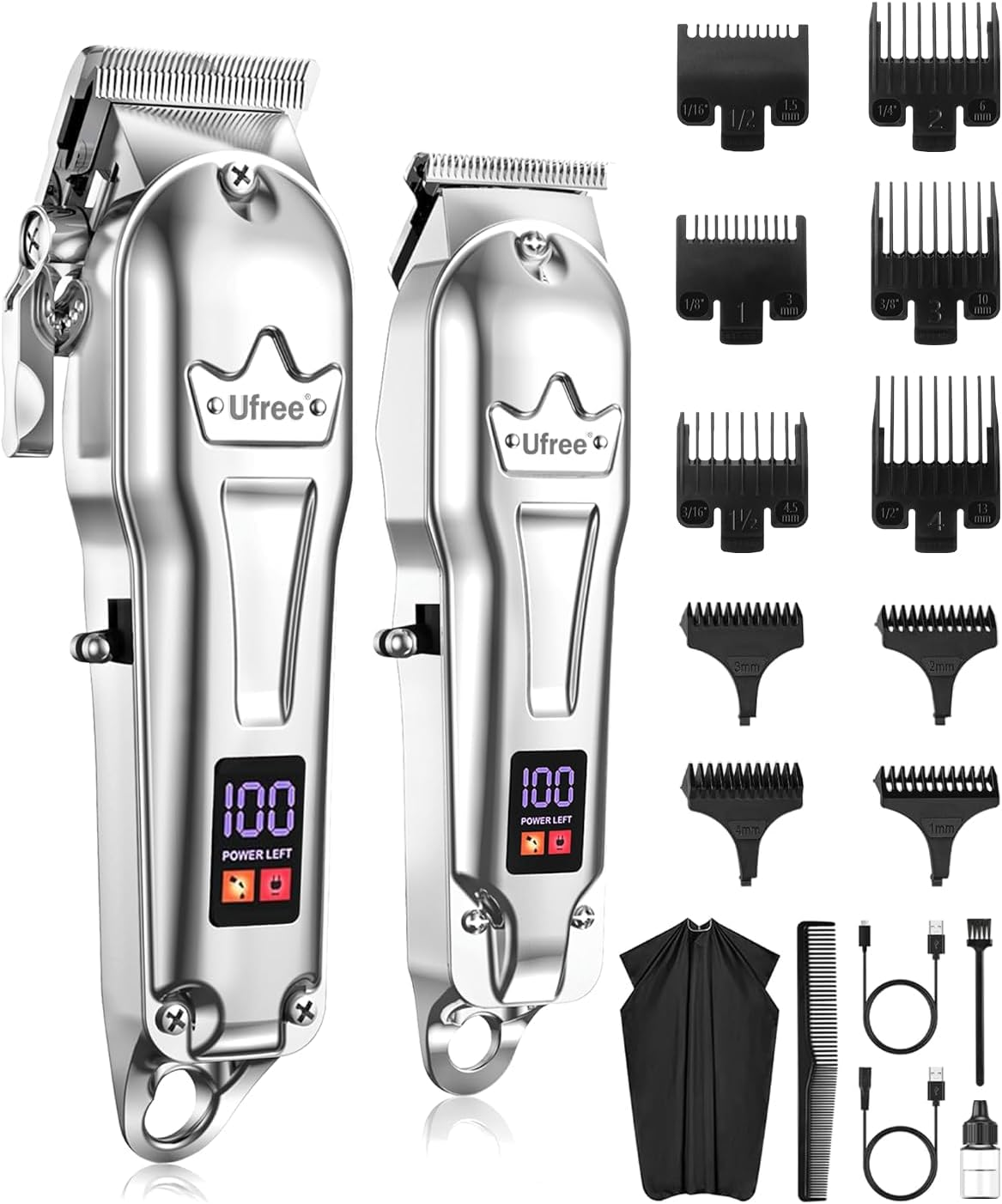 Ufree Hair Clippers for Men Professional, Barber Clippers and Trimmers Set, Cordless Hair Clippers for Hair Cutting Kit with LED Display, Electric Hair Trimmer, Gifts for Men, Silver image number 2