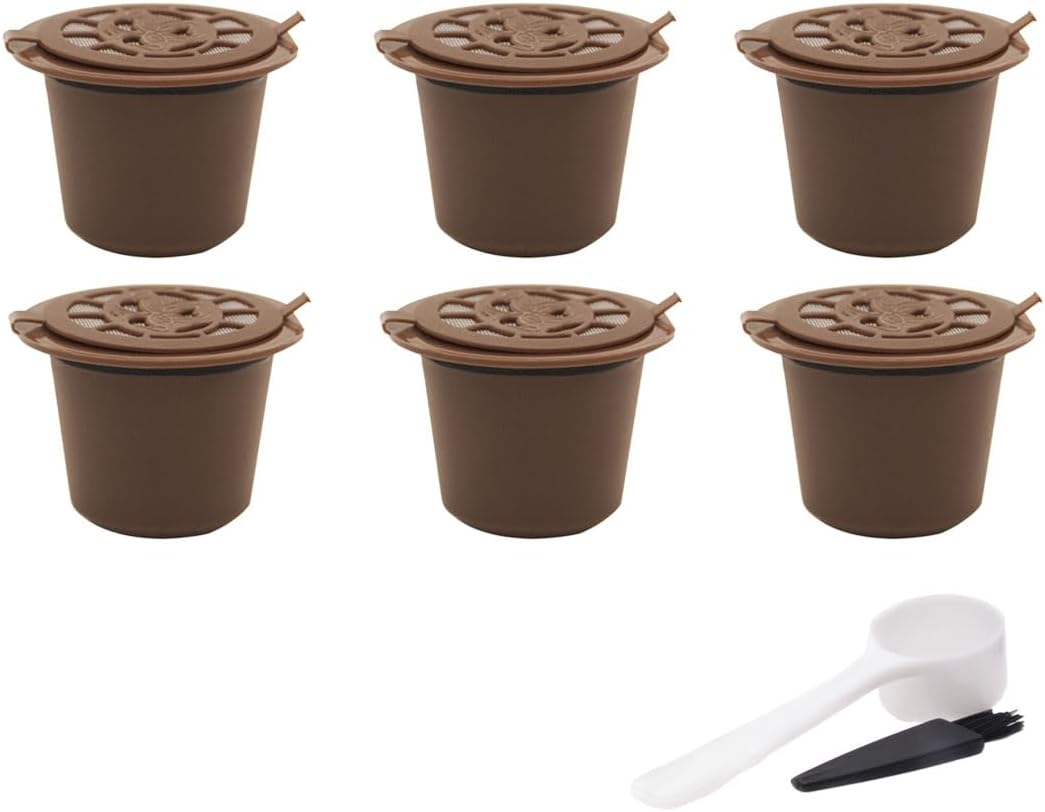 AIMALL 6PCS Reusable Coffee Capsule Pods for Nespresso Machines, Compatible with Nestle Nespresso, Food-Grade PP with 304 Stainless Steel Filter, Includes Spoon & Brush