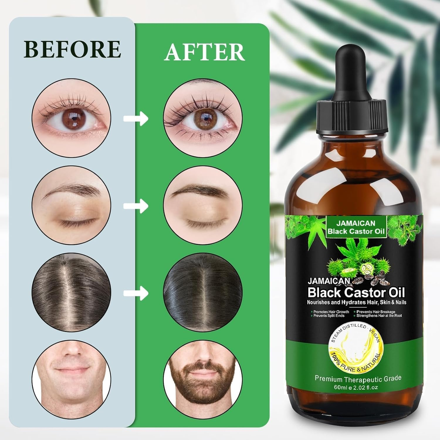 Jamaican Black Castor Oil, 100% Pure & Organic, Cold Pressed in Glass Bottles for Hair, Eyelashes, Eyebrow, Skin Growth, Hydration, Nourishment, Regeneration, Massage Essential Oil, 2 Fl Oz, image number 1