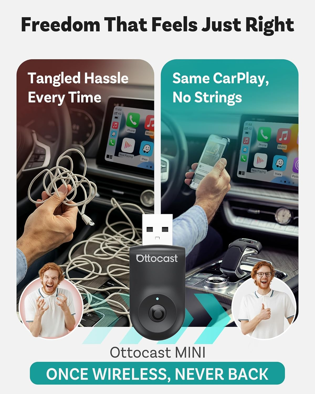 OTTOCAST Mini 2025 2-In-1 Wireless Carplay/Android Auto Adapter, 5Ghz Wifi, Auto Connect for 2016+ Cars