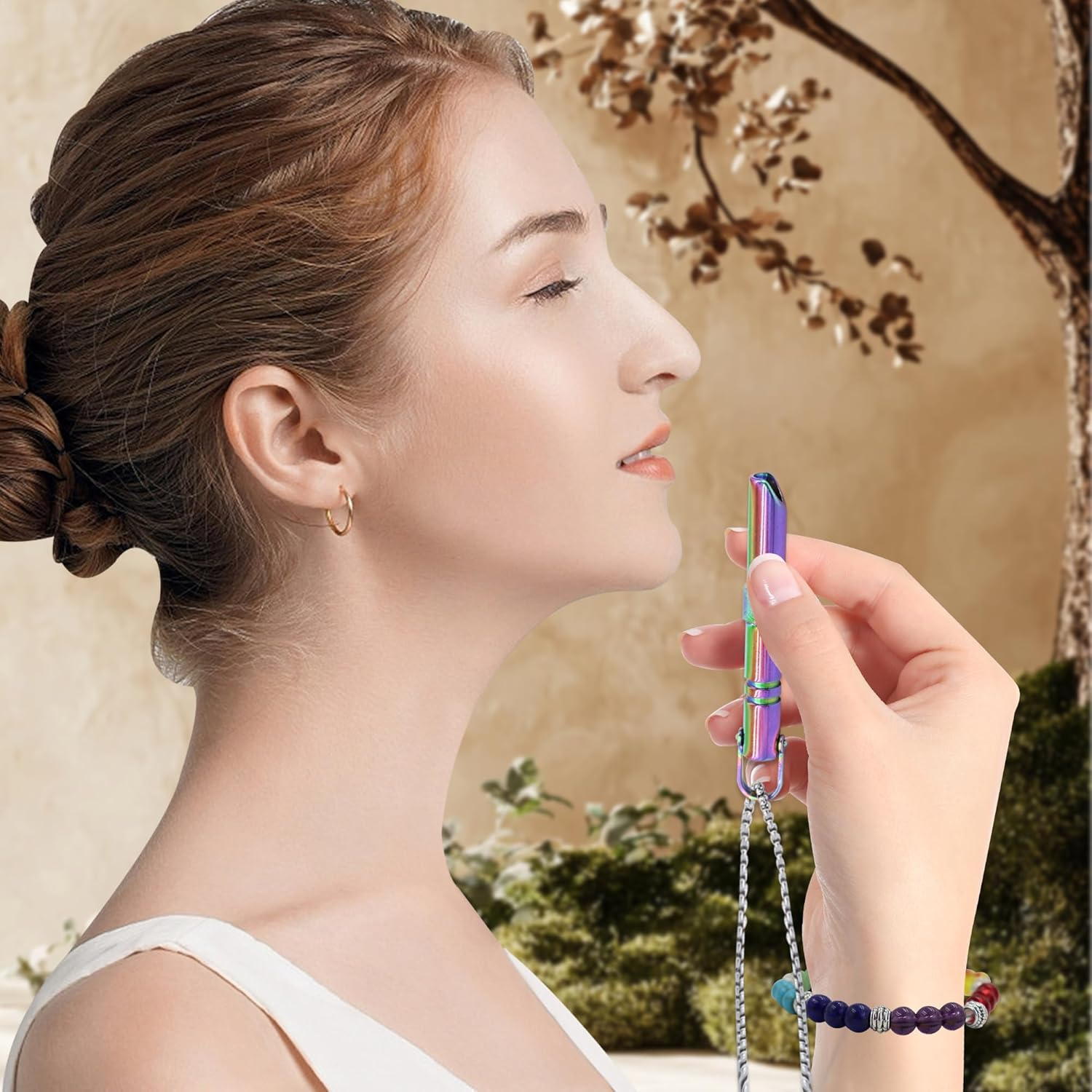 Mindful Breathing Necklace with Crystal Gemstone Chakra Bracelets, Stainless Steel Anxiety Necklace, Stone Beads Healing Bracelets for Women Men, Meditation Tool Quit Smoking (Stainless Steel)