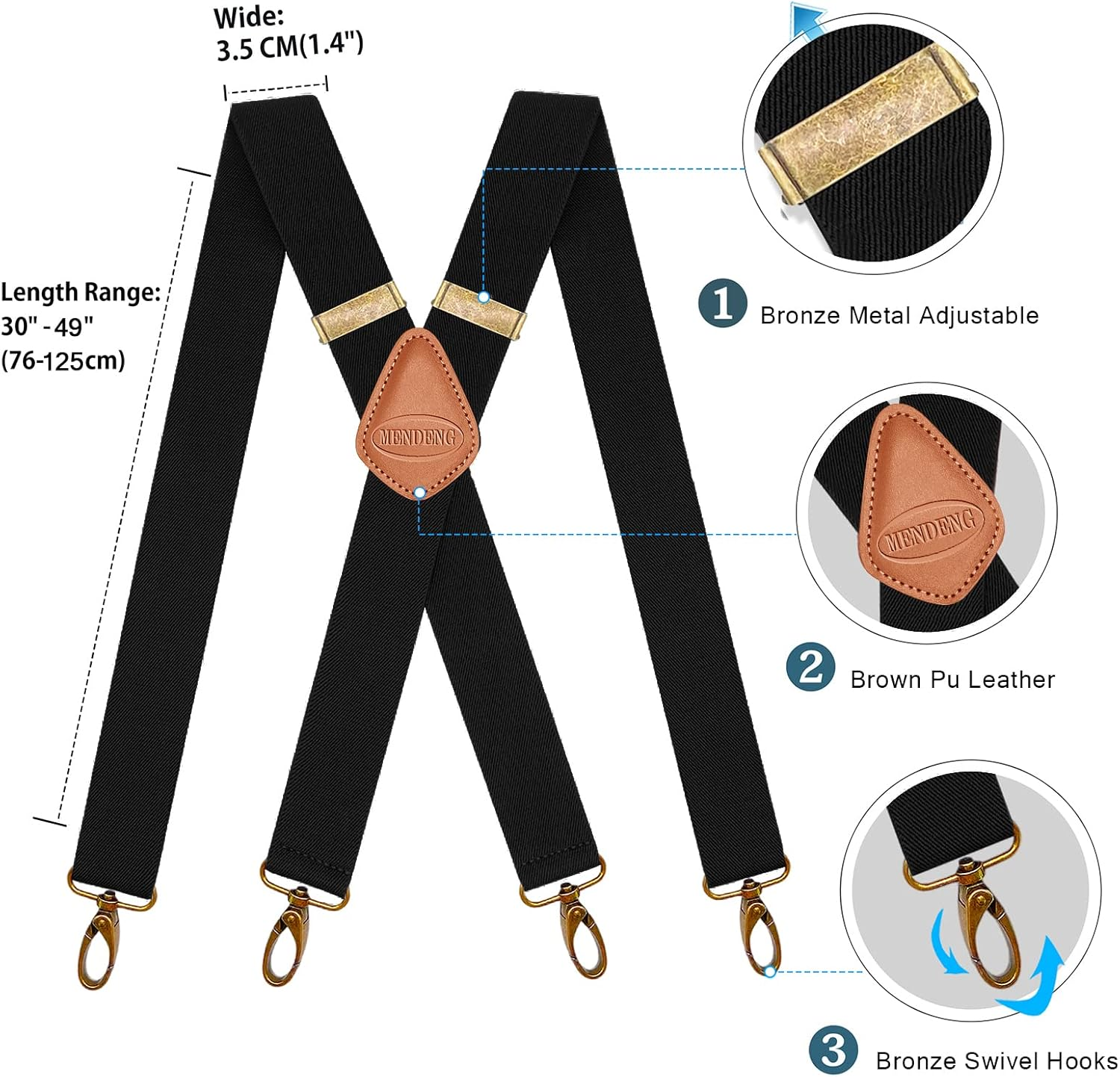MENDENG Trucker Side Clip Suspenders X-Back 1 1/2" Wide Adjustable Braces Gift image number 4