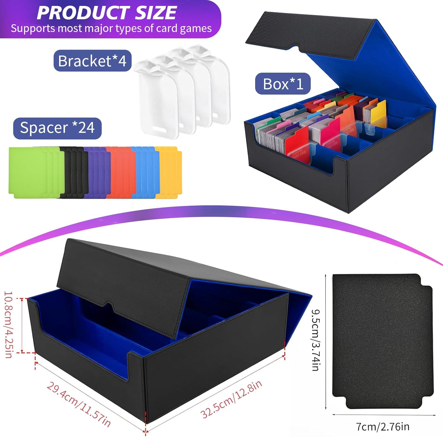 PU Leather Trading Card Deck Case with Display Windows, 3000+ MTG Deck Box with 24 PCS Colorful Dividers Tabs, Magnetic Closure Storage Boxes, Slot Support for Magic Game Cards (BKRED) image number 6