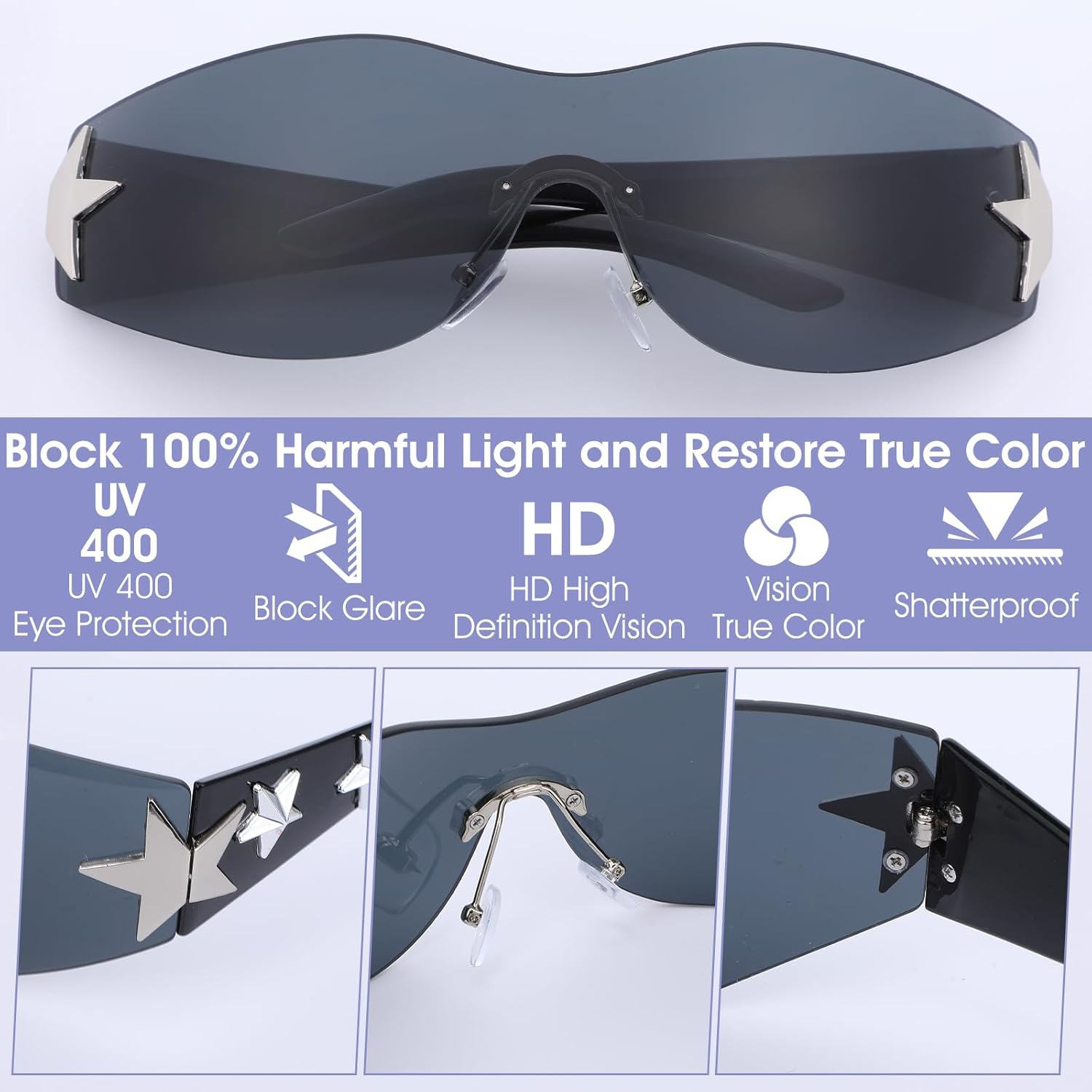 Heclia Y2K Sunglasses for Women Men Trendy Shield Wrap around Sun Glasses Large Rimless Star Sunglasses - Black image number 4