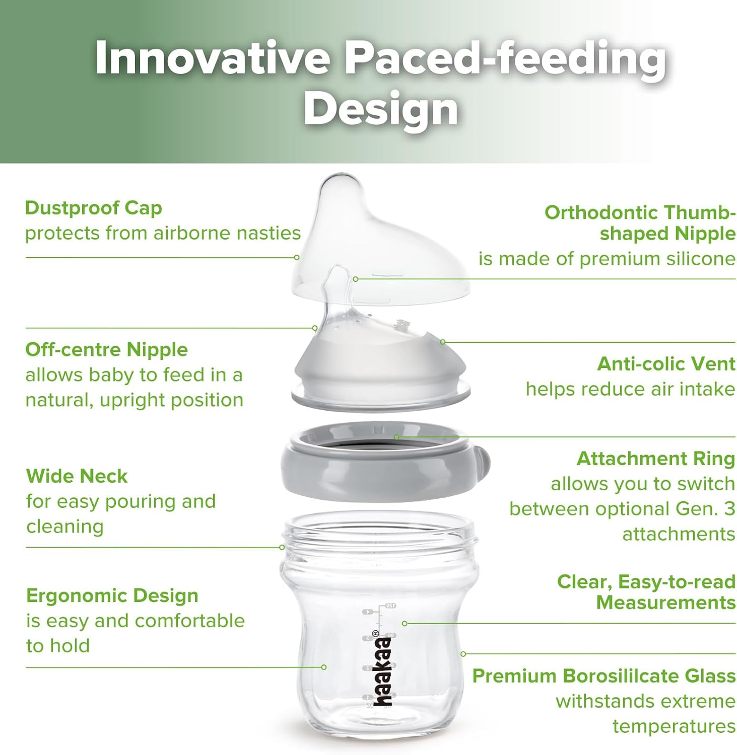 Haakaa Gen.3 Glass Baby Bottle 120Ml, with Anti-Colic Valve, Fast Flow, Mimic Breastfeeding, Temprature Resistant (Grey)&hellip; image number 1