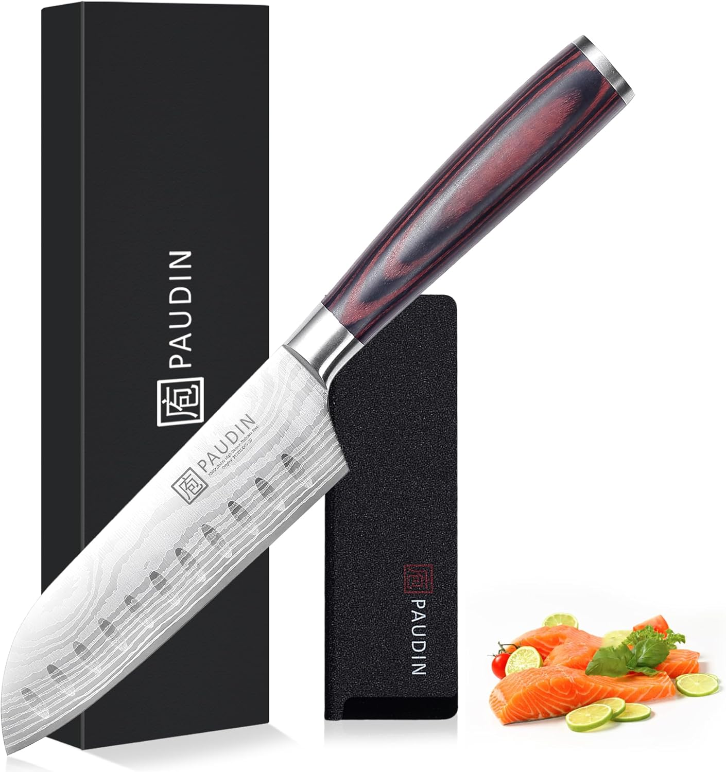 PAUDIN 5 Inch Santoku Knife, Ultra Sharp High Carbon German Stainless Steel Blade with Ergonomic Handle, Professional Kitchen Knife for Cutting Vegetables,Fruits and Meat image number 6