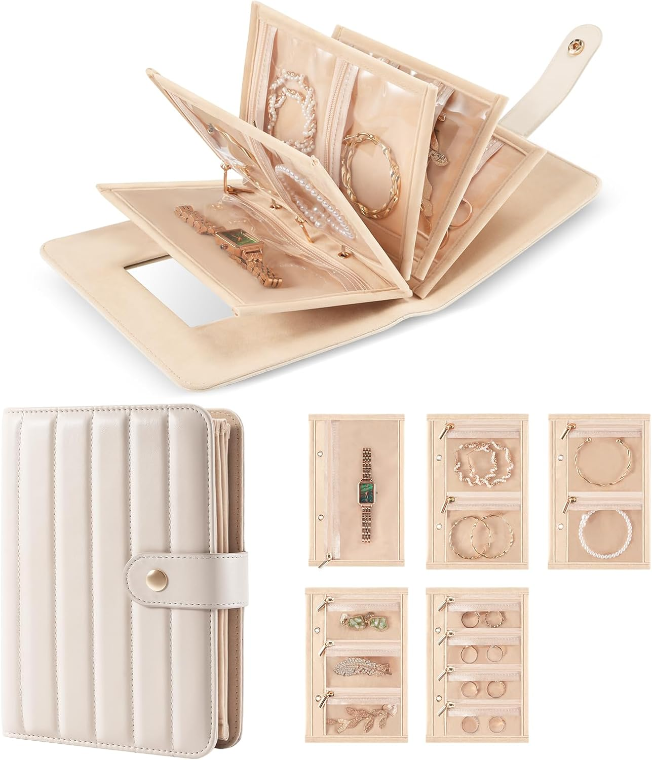 Lolalet Travel Jewelry Organizer Case, Portable Jewlery Storage Book Portfolio Binder with Zipper Velvet Pouch and Built-In Mirror for Women -Beige, Small