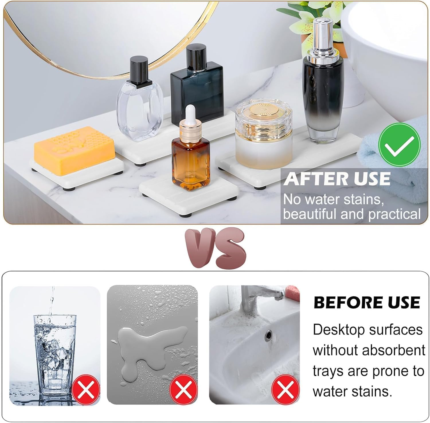 Set of 4 Water Absorbent Diatomite Coasters, Diatomaceous Earth Kitchen Soap Dish, Water Absorbing Stone Used for Hand Soaps & Plants & Toiletries in the Modern Home (White with Grooves) - Grey image number 6