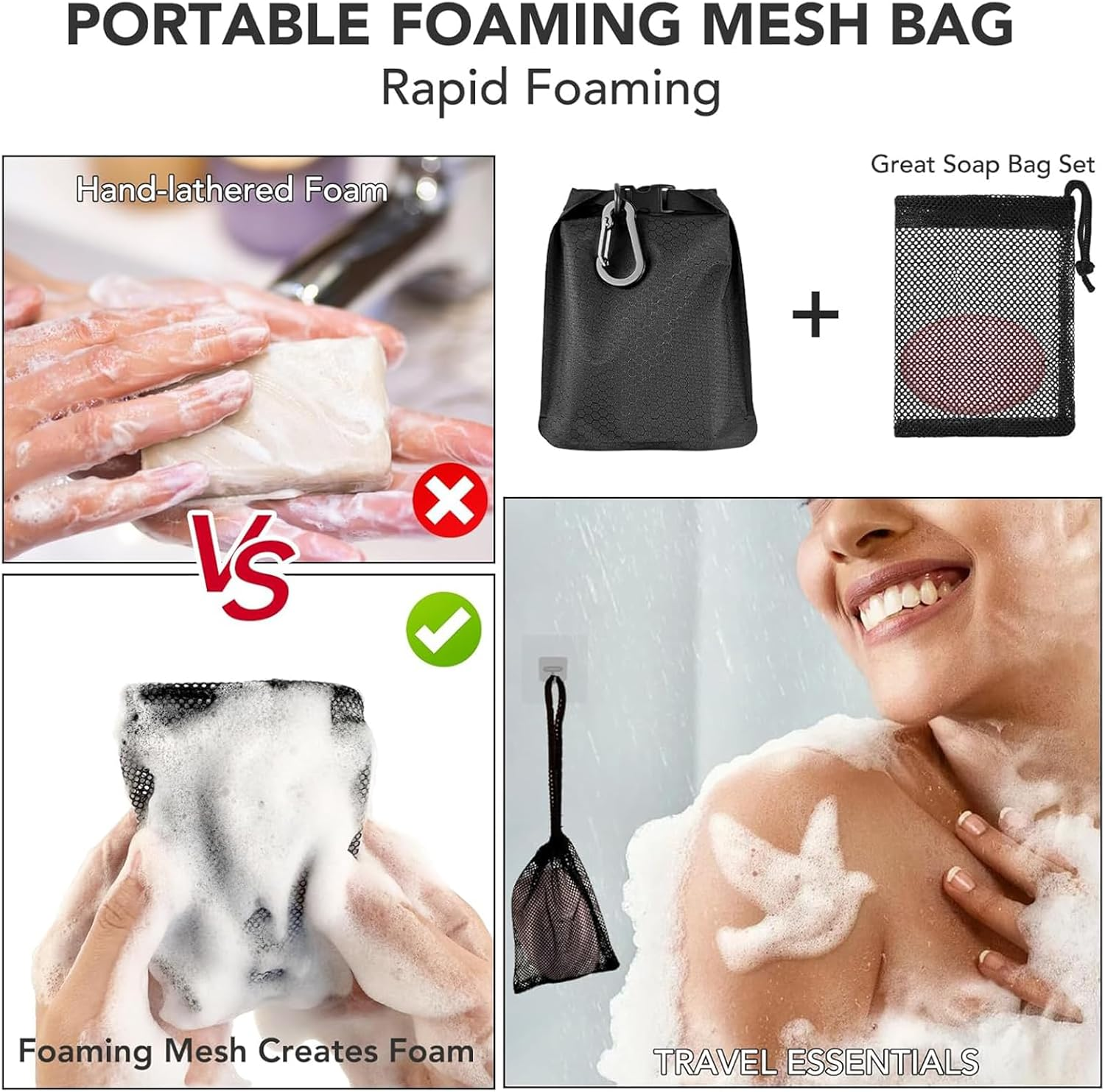Travel Soap Bag & Case Box - Waterproof, Leakproof, Quick Drying for Soap Bar, Portable Sealing Soap Holder with Lathering Bag & Carabiner for Travel, Camping, Outdoor (Black) image number 3