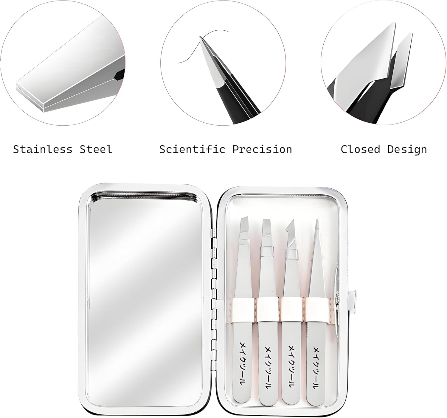 Eyebrow Tweezers Set with Mirror and Leather Travel Case,Ideal for Gifts, Professional Stainless Steel Tweezers for Plucking Eyebrows, Facial Hair, and Removing Ingrown Hair, 4 Pack image number 5