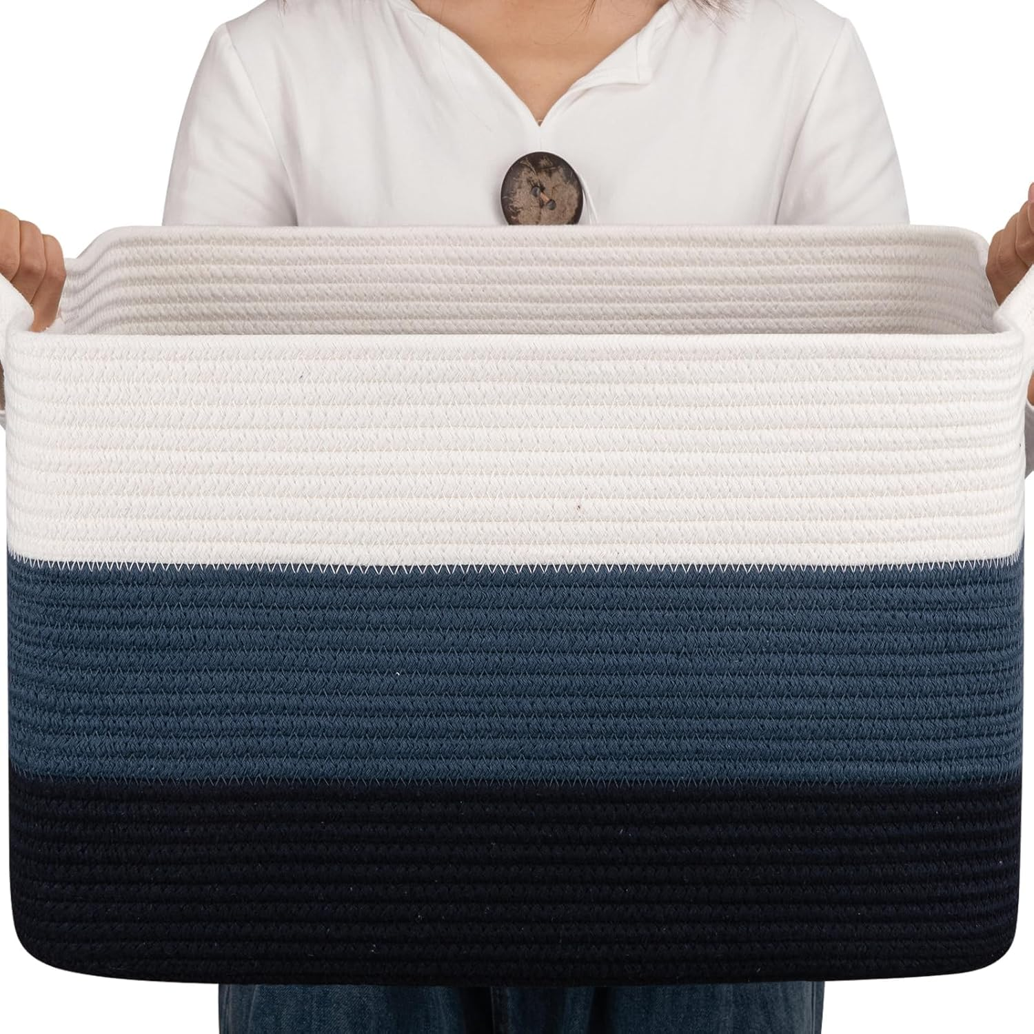 3 Pack Storage Basket, Cotton Rope Woven Basket with Handles for Shelf, Pet Toy, Book, Cloth, Storage Organizer for Living Room, Bathroom (Gradient Black, M)