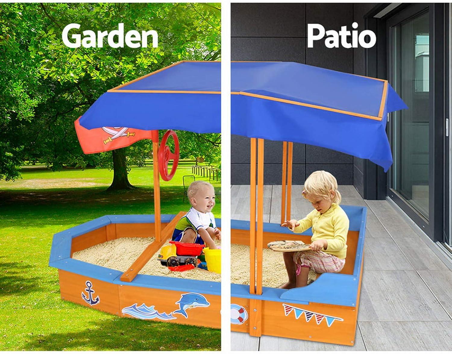 Keezi Kids Sandpit, Wooden Water Table Sand Pit Play Toys Sandcastle Garden Patio Beach Activity Outdoor Toy Games, with Canopy Ground Sheet Steering Wheel Multi-Coloured image number 5