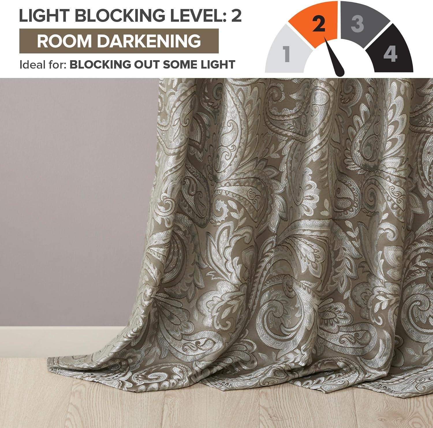 Madison Park Aubrey Faux Silk Paisley Jacquard, Rod Pocket Curtain for Living Room, Kitchen, Bedroom and Dorm, 50 in X 84 In, Taupe/Blue image number 4