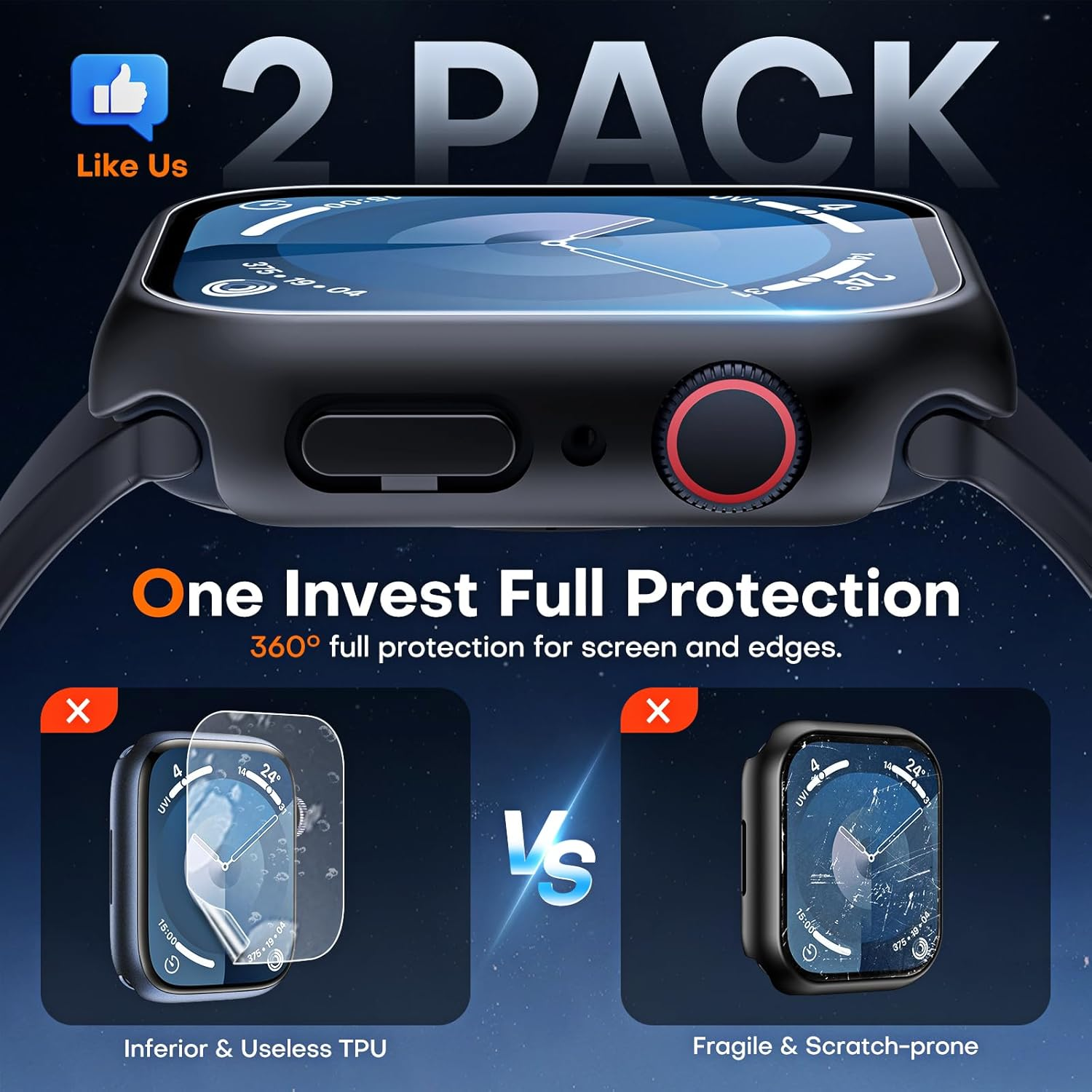 TAURI 2 Pack Hard Case Designed for Apple Watch Series 9 (2023) Series 8/7 41Mm, [360&deg; Shockproof] with 9H Tempered Glass Screen Protector, [Scratch-Resistant] Cover - Black image number 2