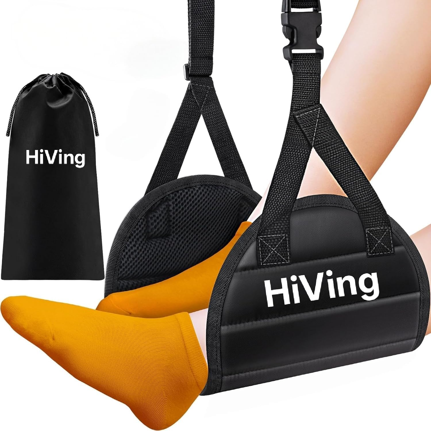 New Airplane Foot Rest,Portable Travel Footrest Flight Carry-On Footrest Adjustable Height Foot Rest Travel Accessories Footrests Hammock,Black image number 3