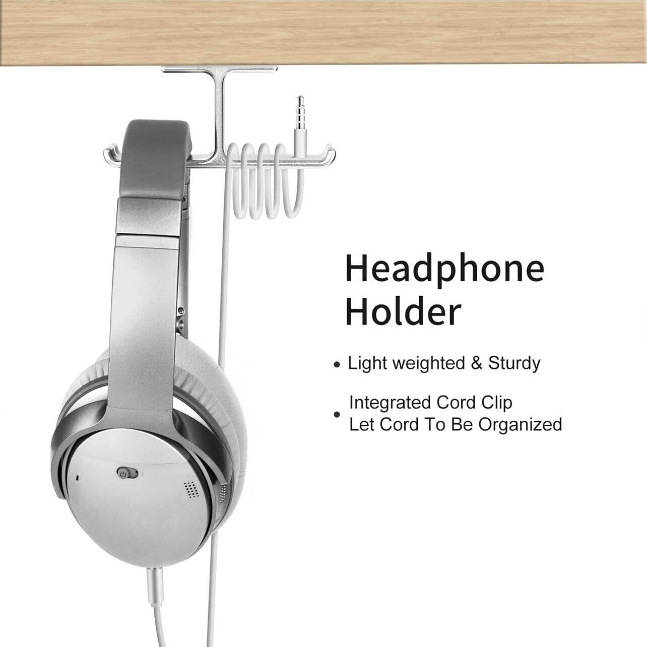 AIMALL Universal DJ Headphone Hanger Hook - Dual Headset Mount Holder under Desk with Cable Organizer, Sturdy Aluminum Alloy, Easy Installation - Black image number 2