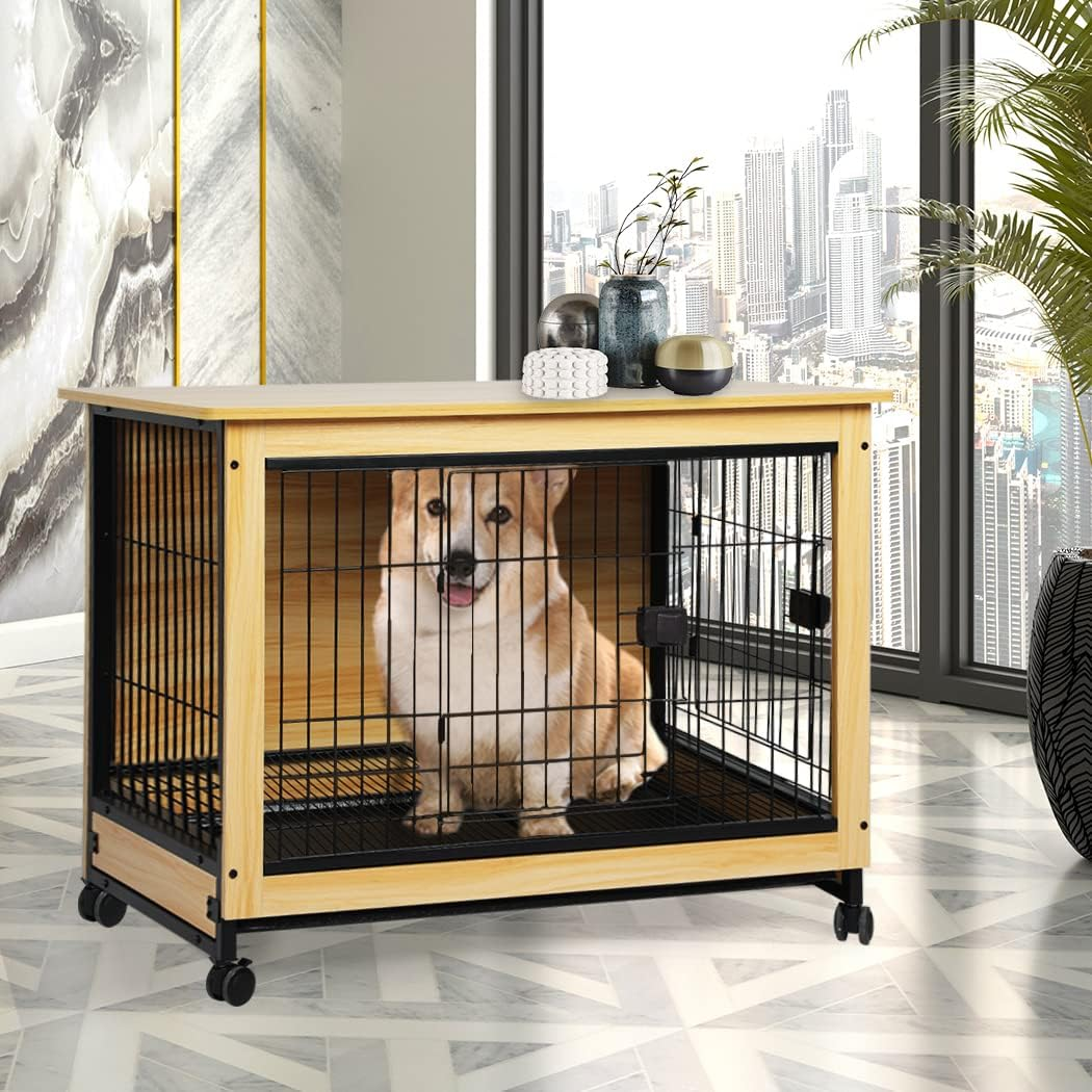 Pawz Wooden Wire Dog Kennel Side End Table Steel Puppy Crate Indoor Pet House L image number 1