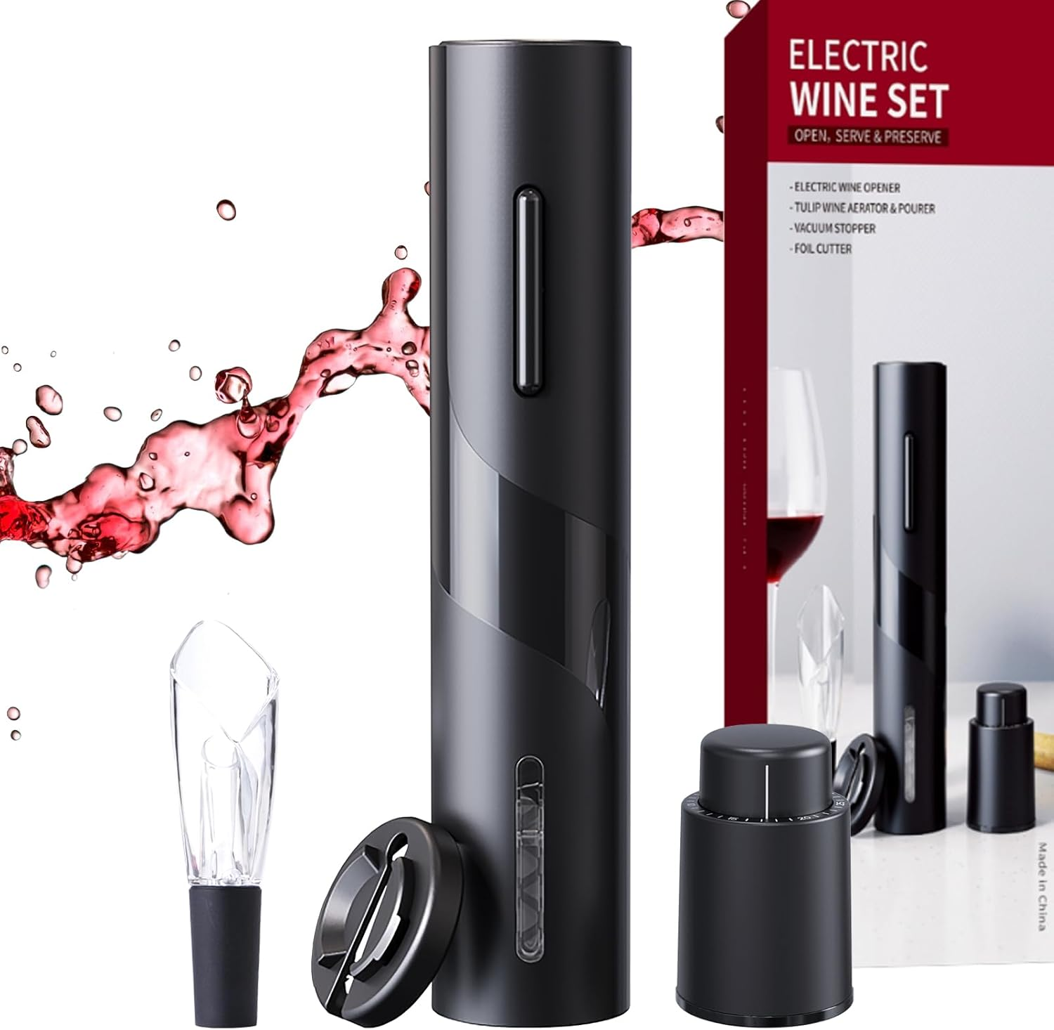 2024 New Electric Wine Opener, Vacuum Wine Stopper, Wine Pourer with Aerator Function, Foil Cutter, 4-In-1 Gift Set, Corkscrew, Battery Operated, Wine Cap, Easy Wine Cork Removal to Storage(Egs)