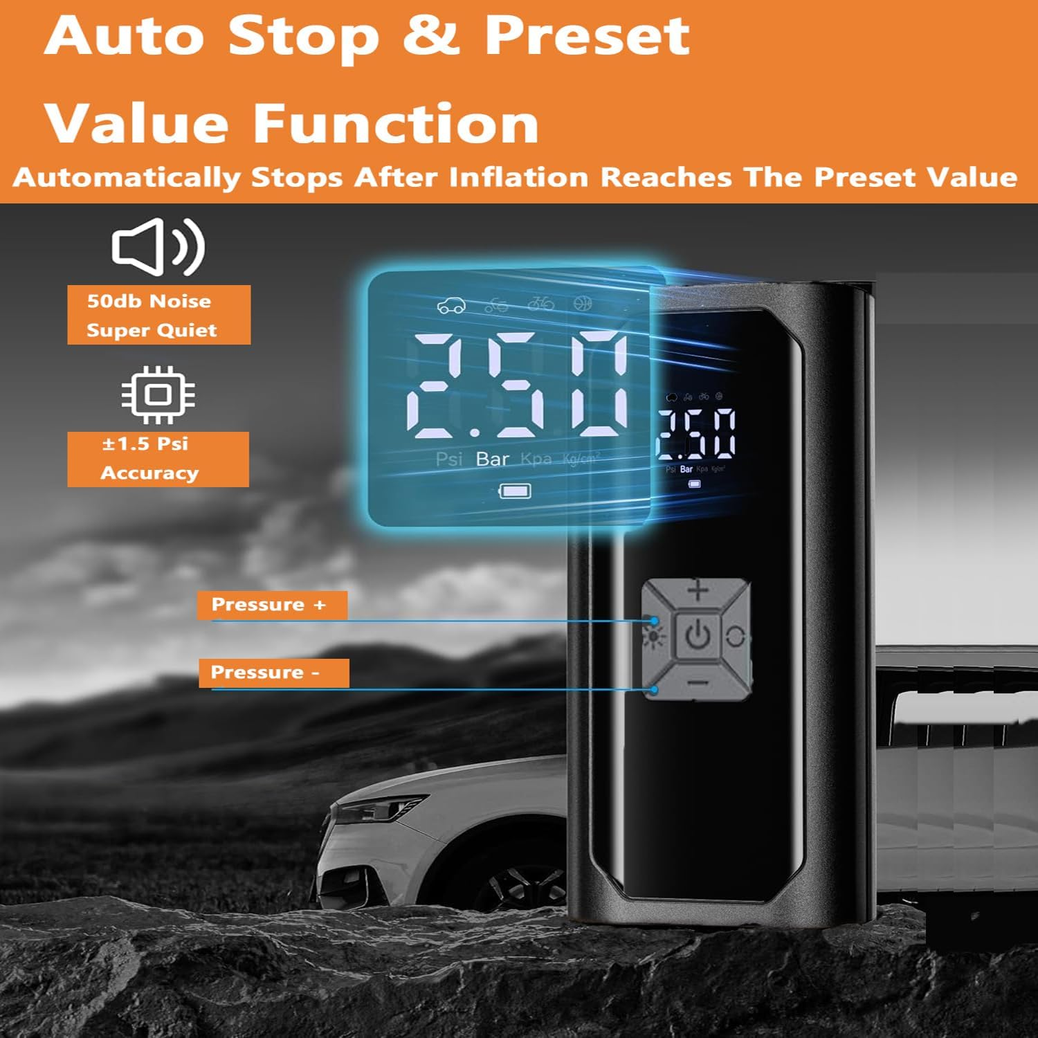 Tire Inflator Portable Air Compressor,150 PSI Fast Inflation,12V DC Portable Air Compressor,Tire Pump with LED Flashlight for Car Tire,Bike,Motorcycles and Balls Tyre Inflator. image number 6